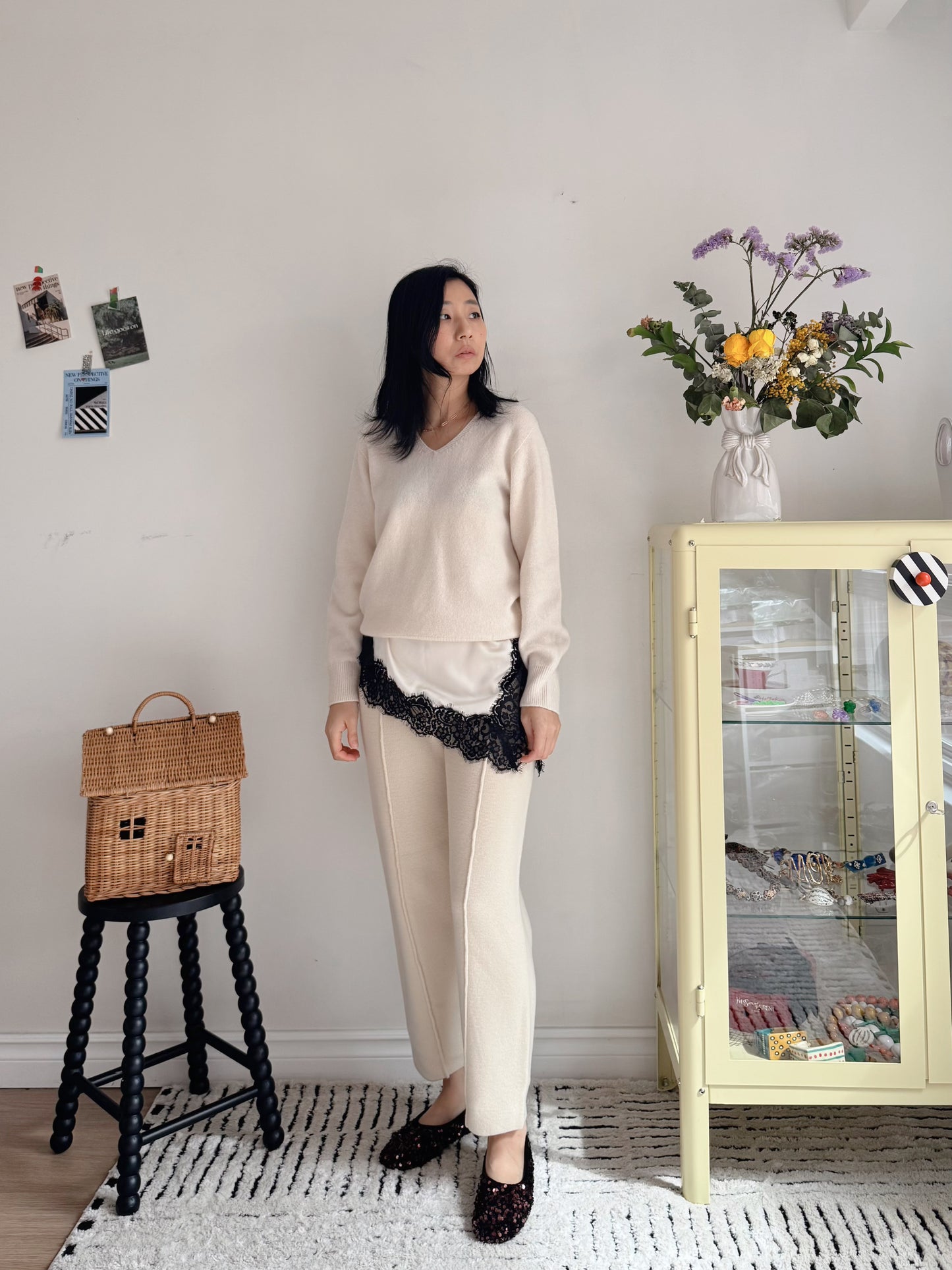 Wool Knit Baggy Pants (cream, brown)