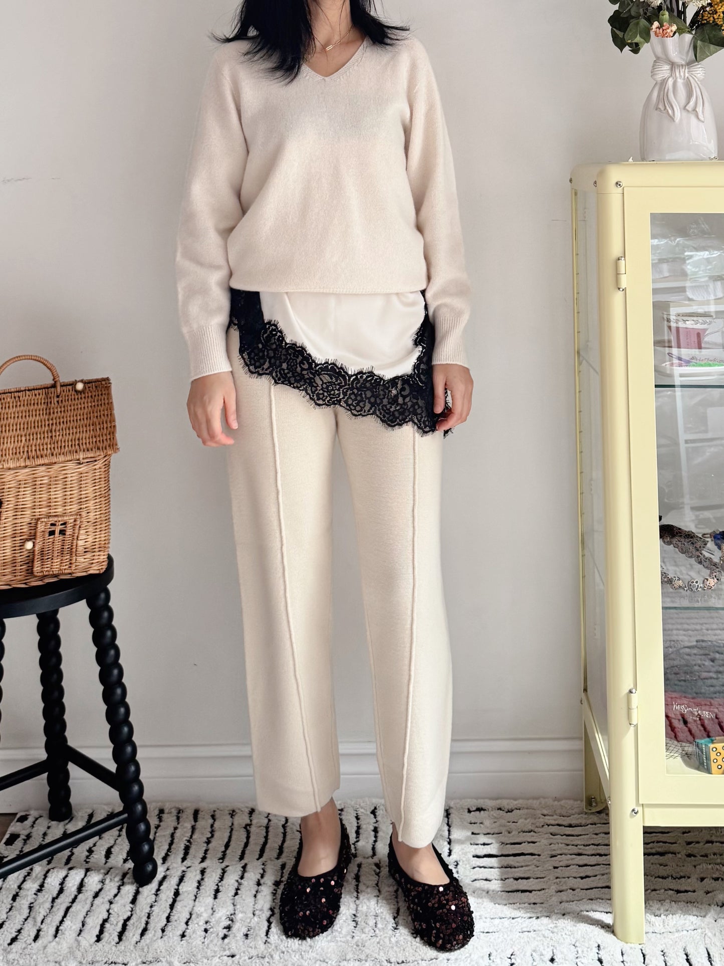 Wool Knit Baggy Pants (cream, brown)