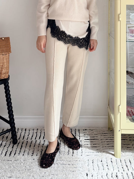 Wool Knit Baggy Pants (cream, brown)