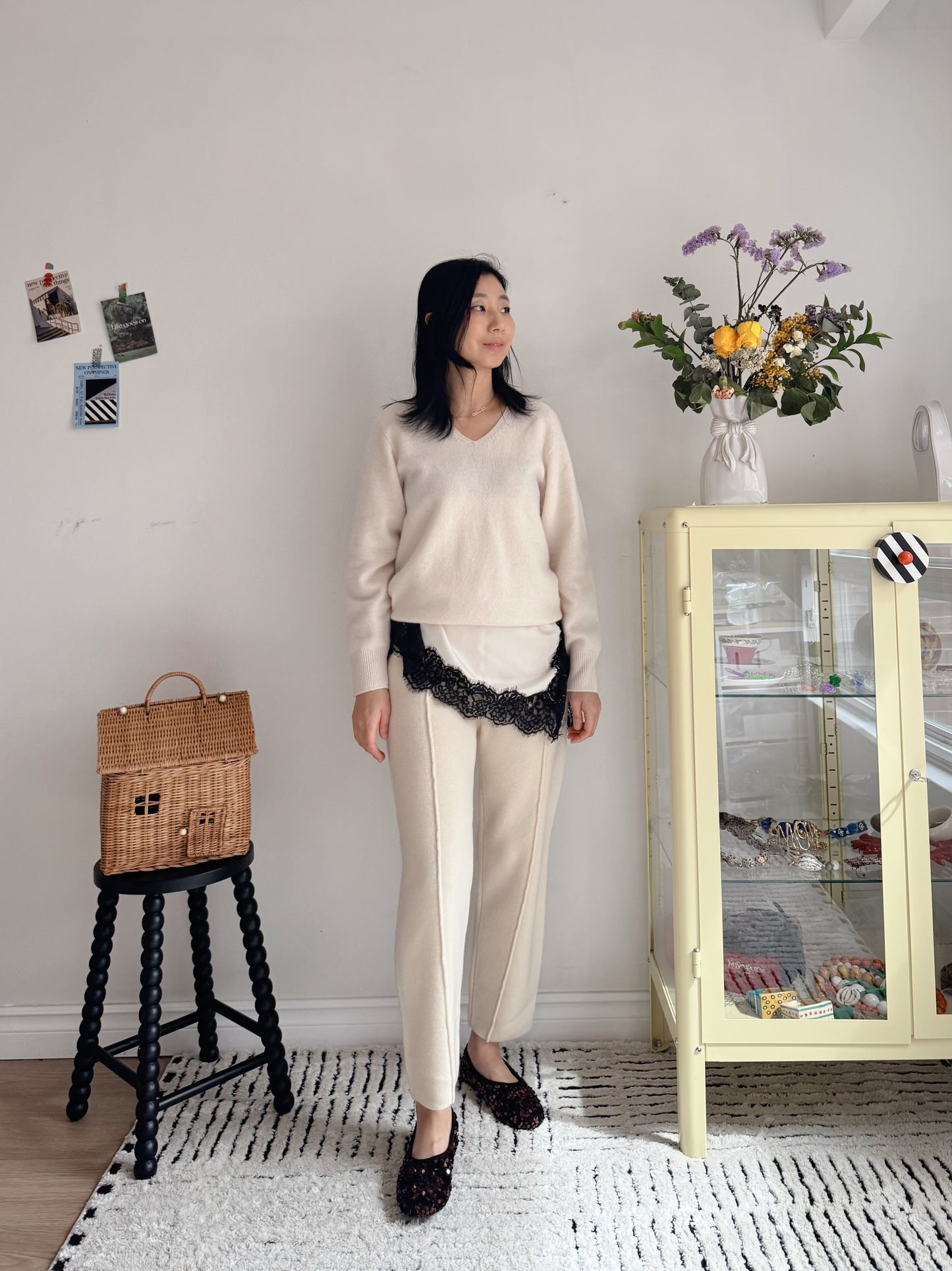 Wool Knit Baggy Pants (cream, brown)