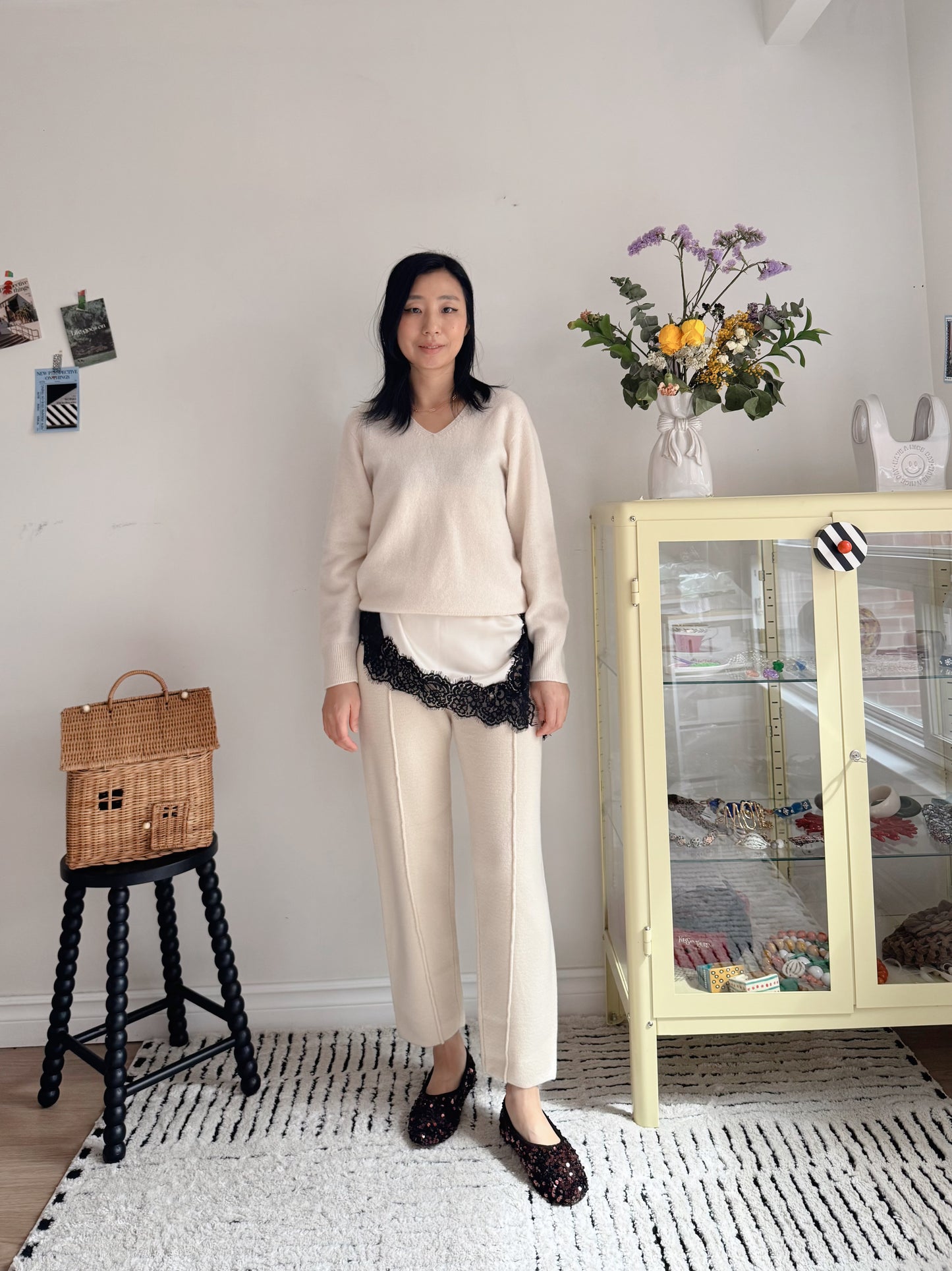 Wool Knit Baggy Pants (cream, brown)