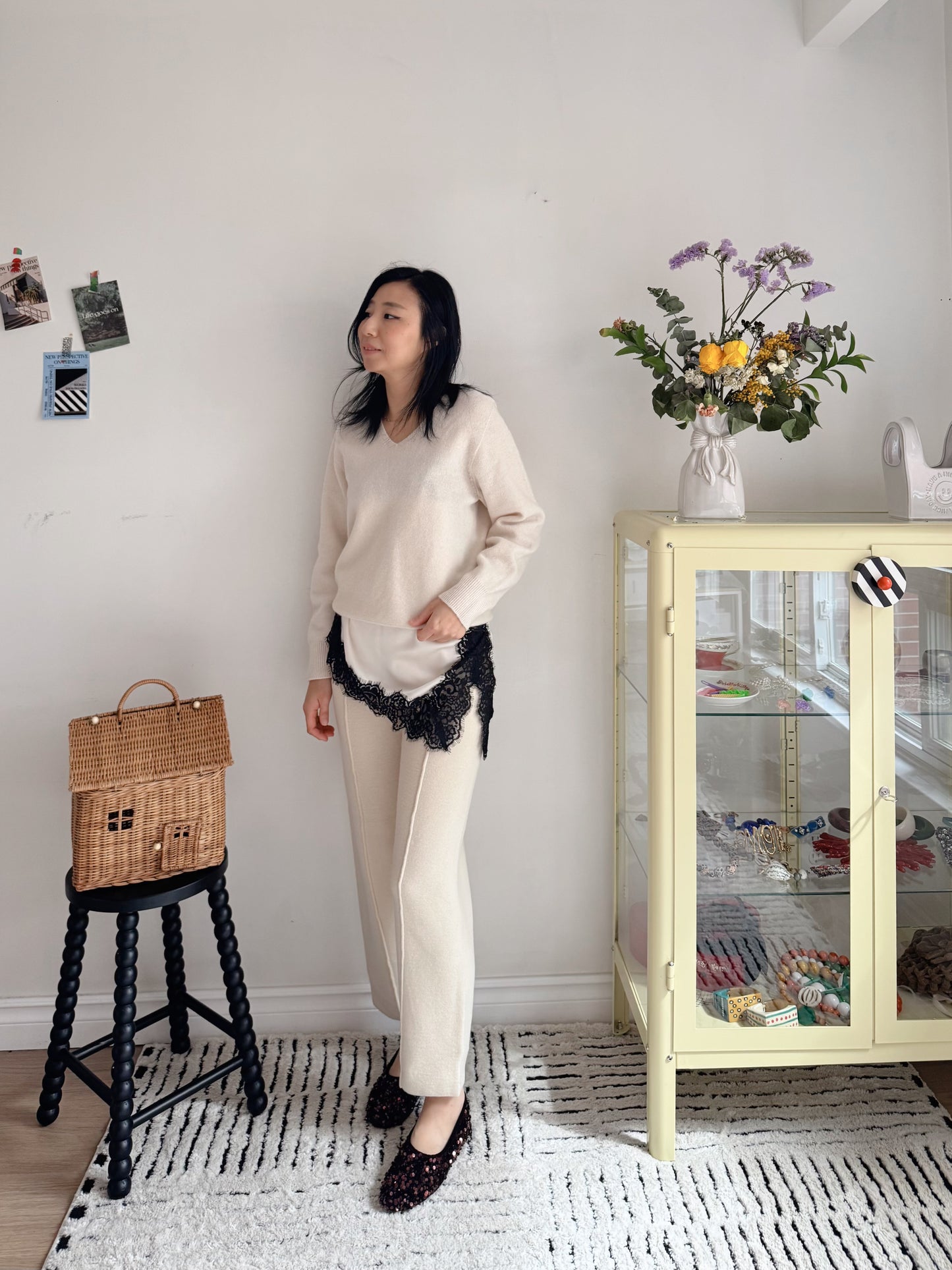 Wool Knit Baggy Pants (cream, brown)