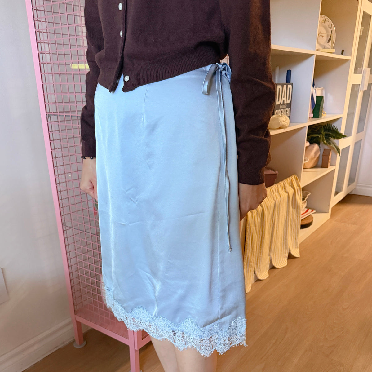 LACE SATIN WRAP SKIRT (blue,green,pink)