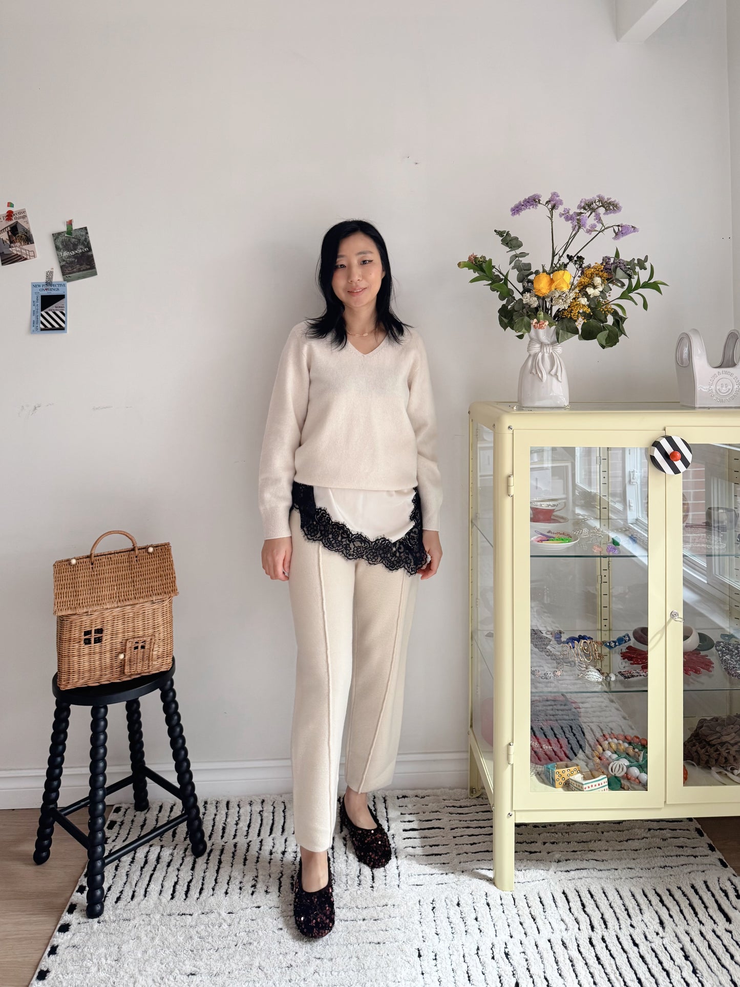Wool Knit Baggy Pants (cream, brown)