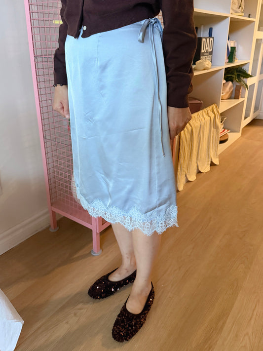 LACE SATIN WRAP SKIRT (blue,green,pink)