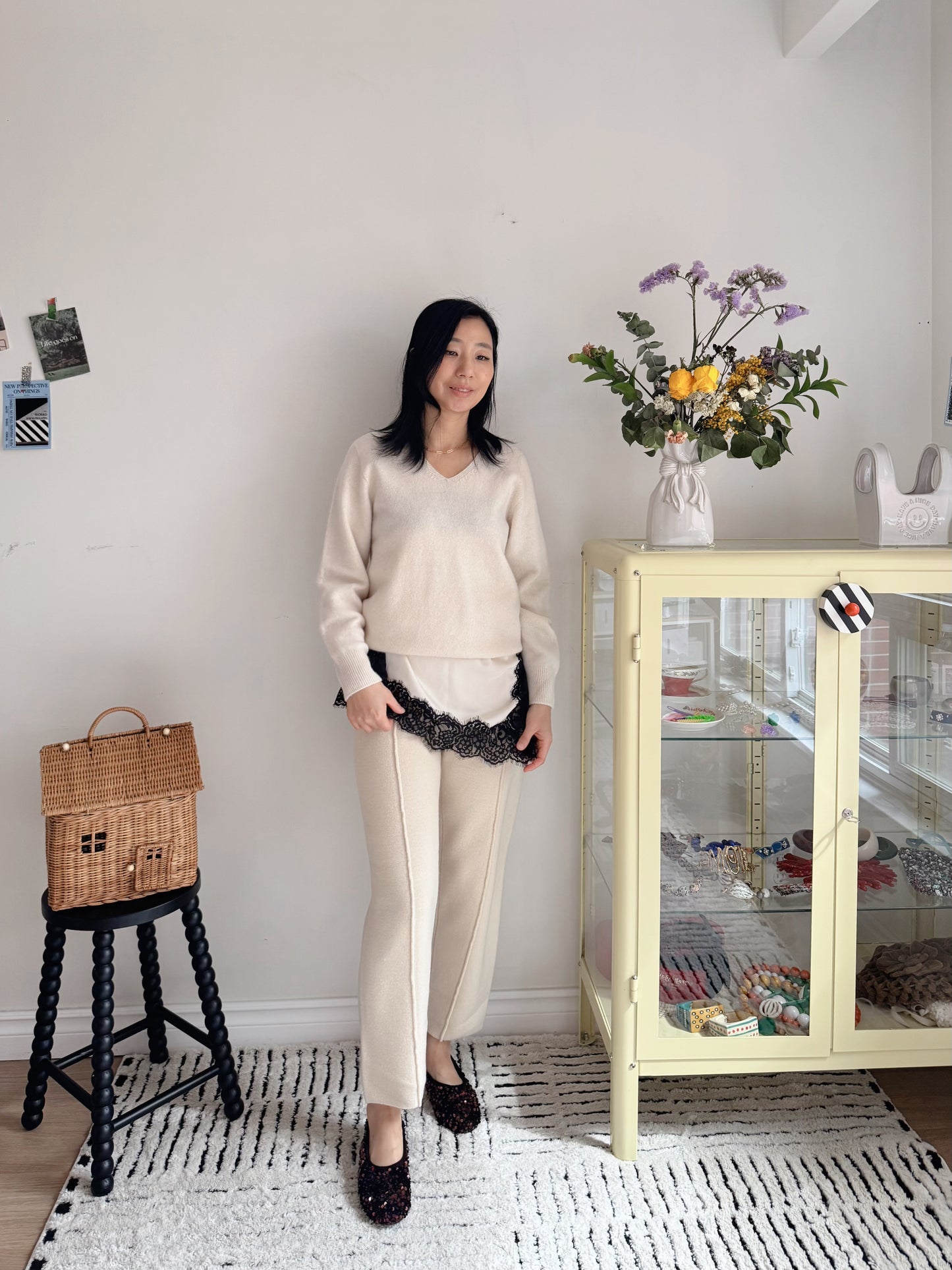 Wool Knit Baggy Pants (cream, brown)