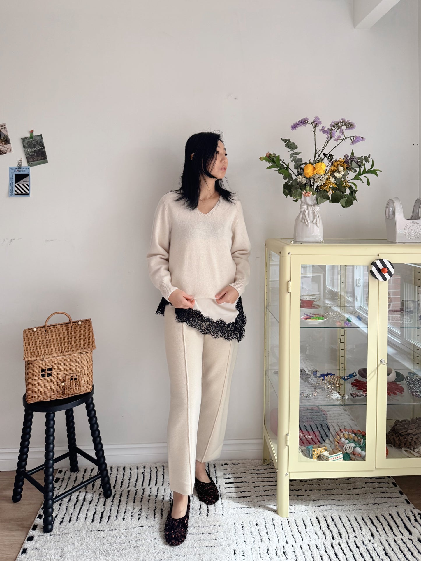 Wool Knit Baggy Pants (cream, brown)