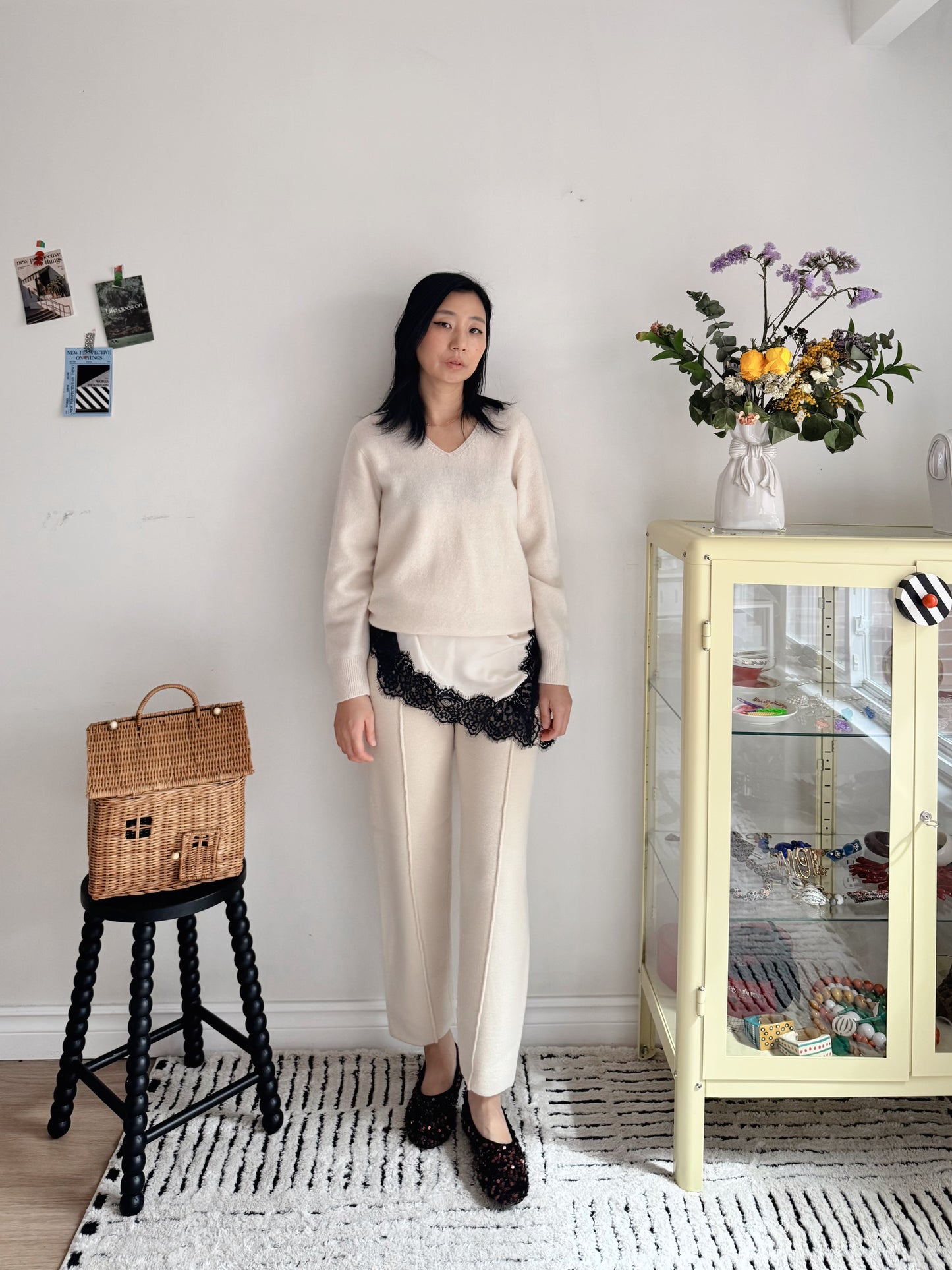 Wool Knit Baggy Pants (cream, brown)