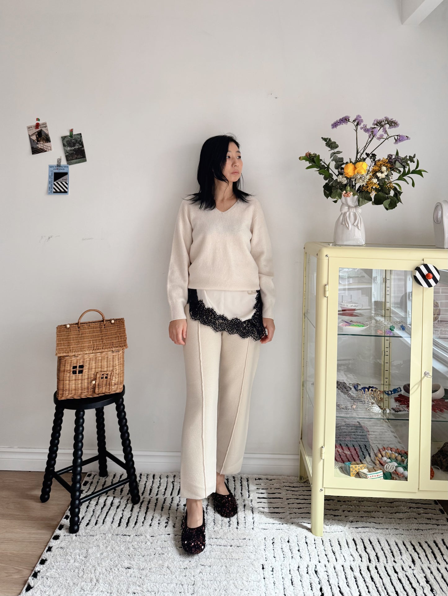 Wool Knit Baggy Pants (cream, brown)