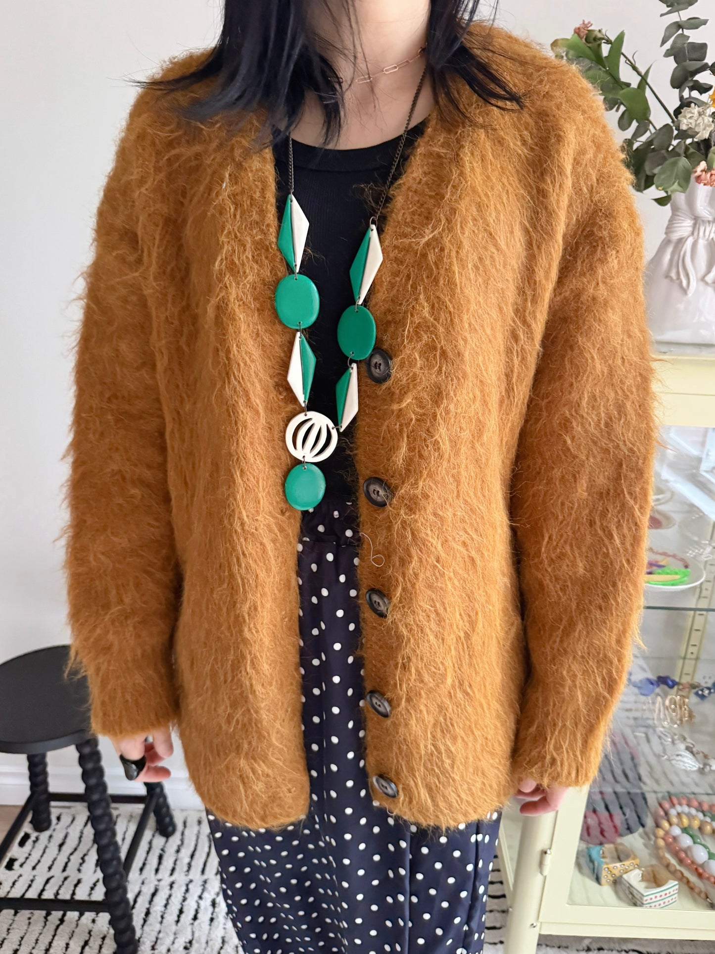 Hairy Knit Cardigan (mustard, brown)