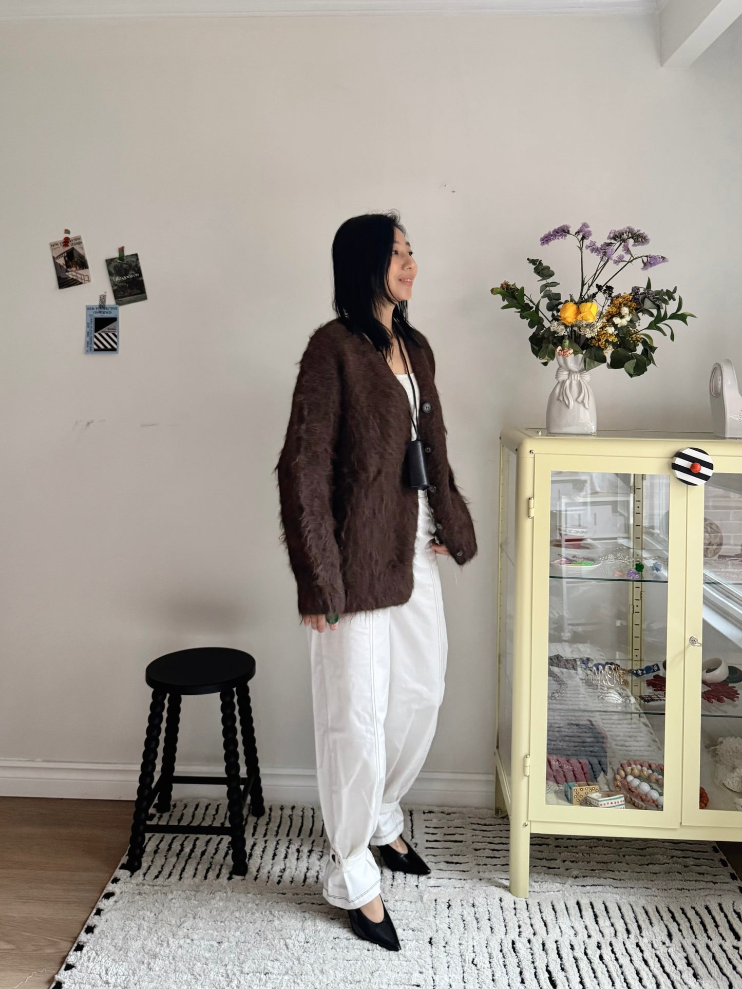 Hairy Knit Cardigan (mustard, brown)