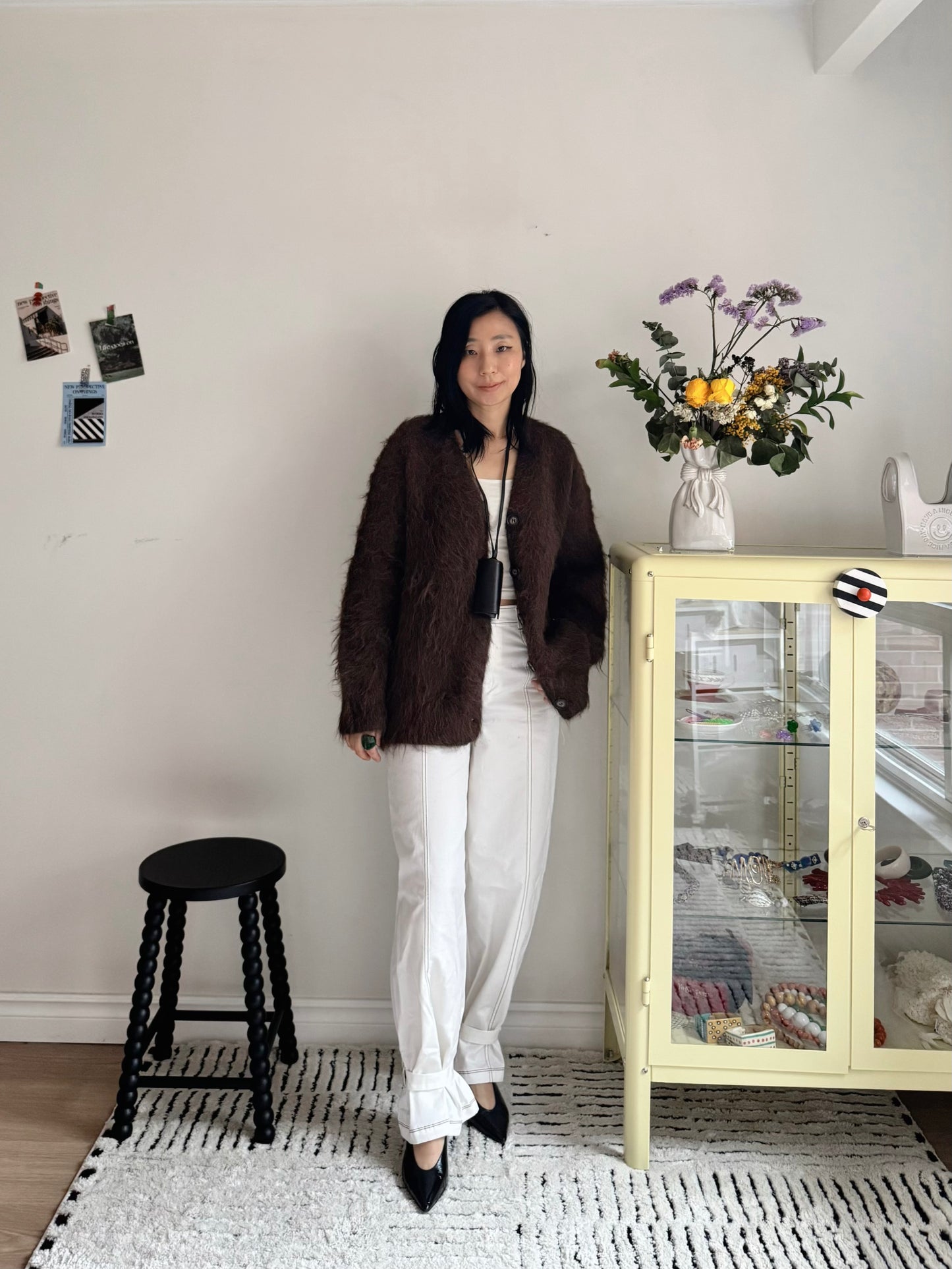 Hairy Knit Cardigan (mustard, brown)