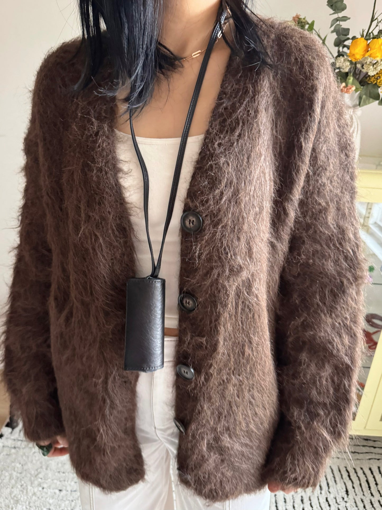 Hairy Knit Cardigan (mustard, brown)
