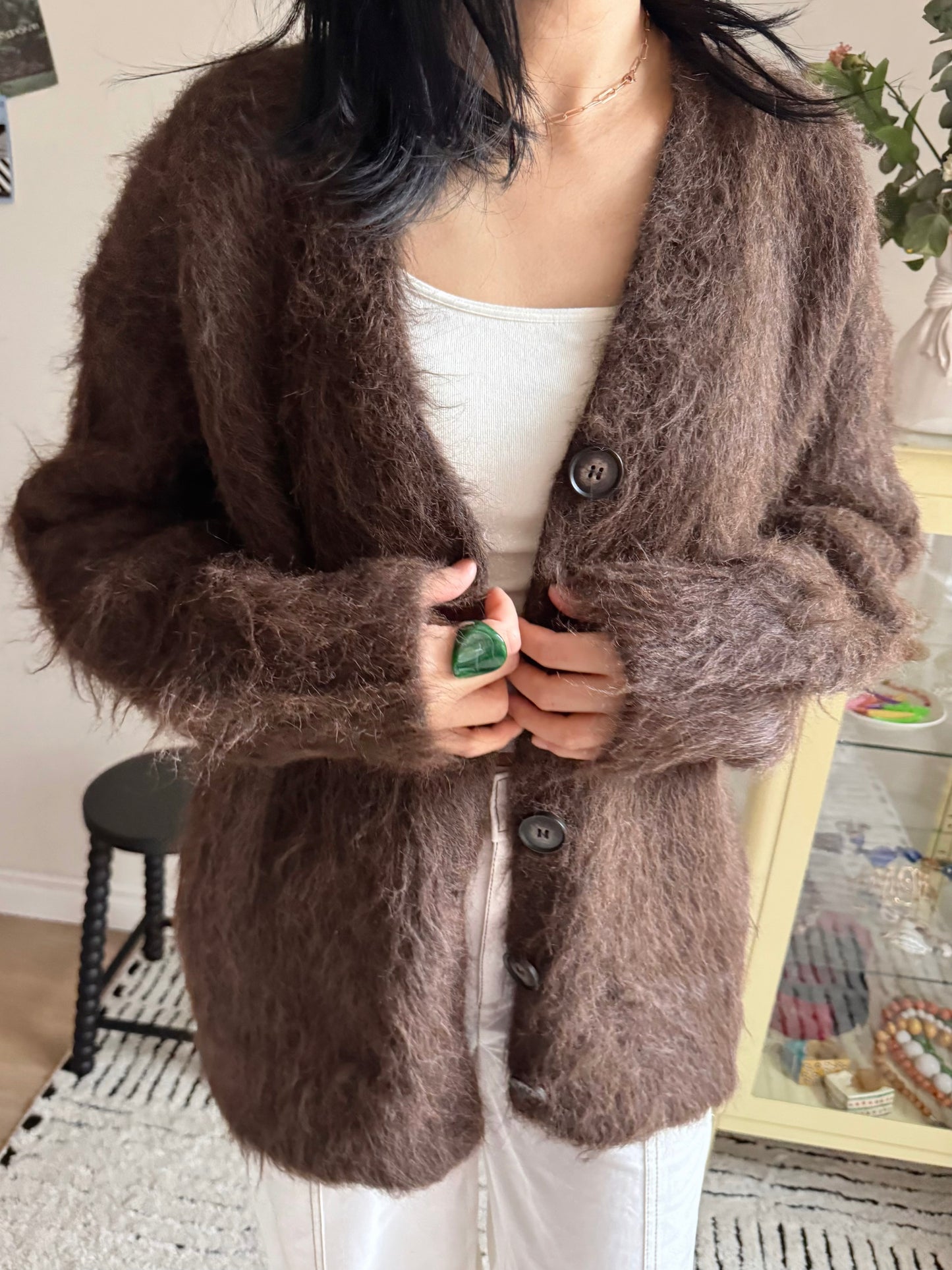Hairy Knit Cardigan (mustard, brown)