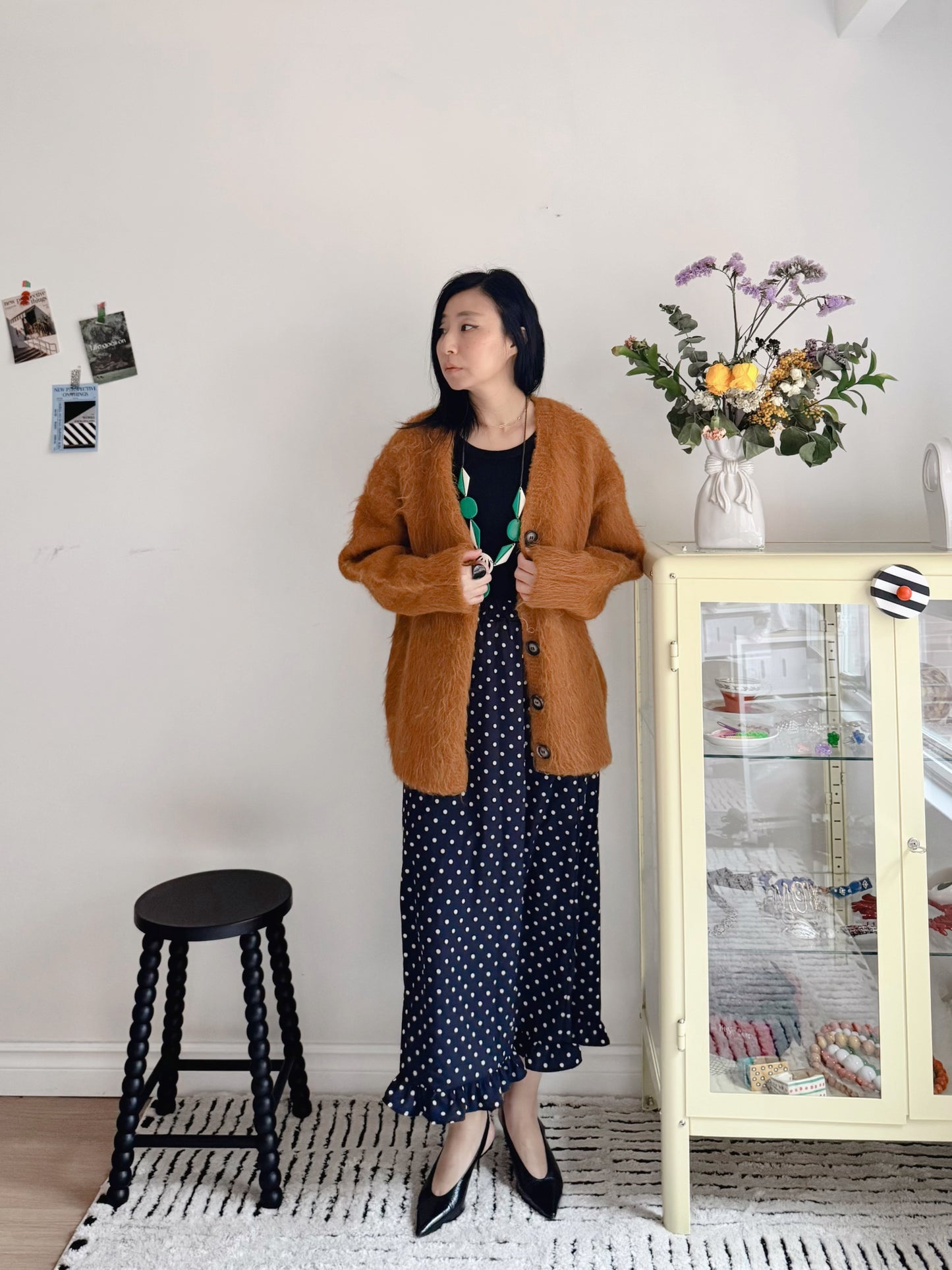 Hairy Knit Cardigan (mustard, brown)