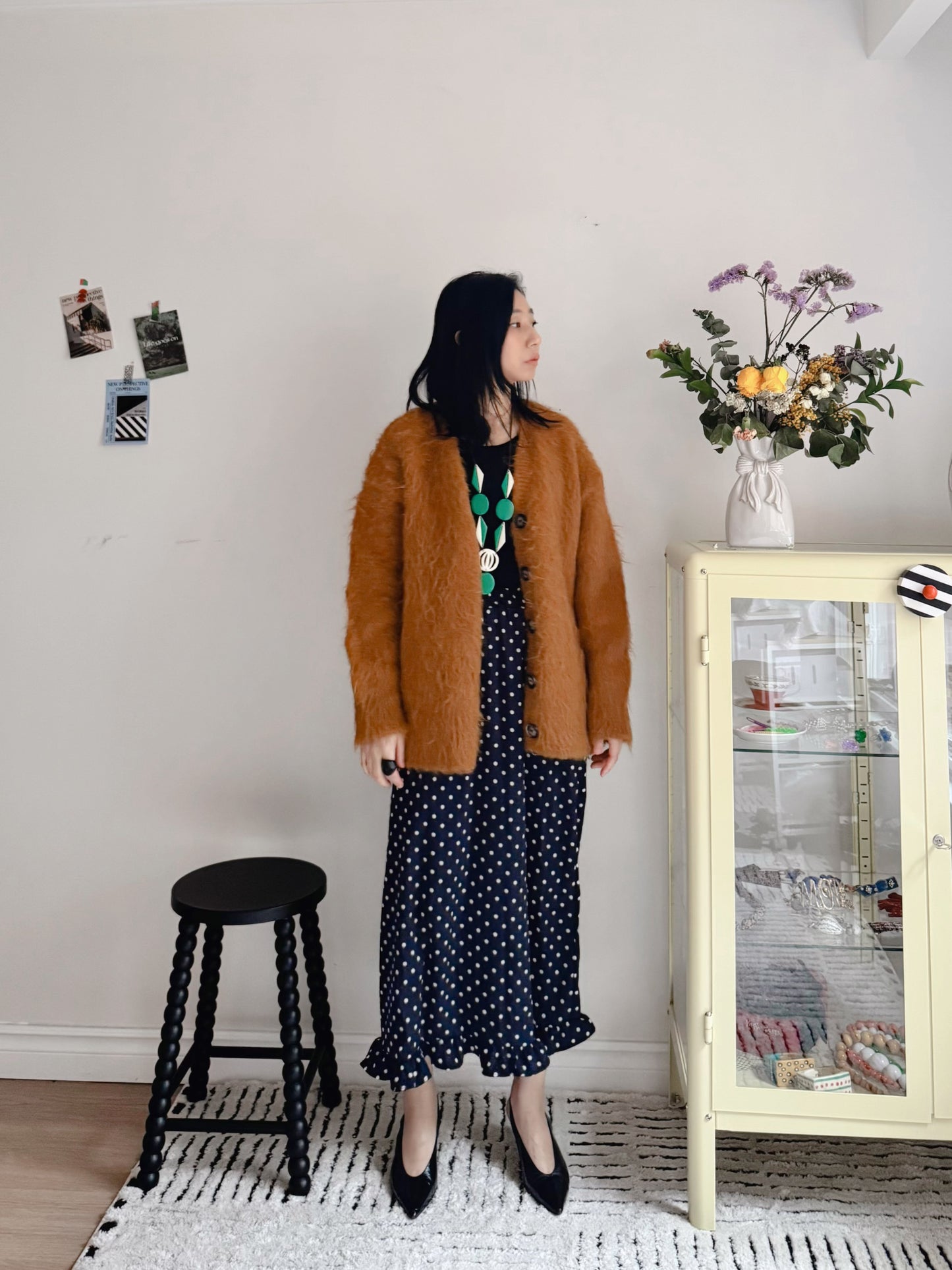 Hairy Knit Cardigan (mustard, brown)
