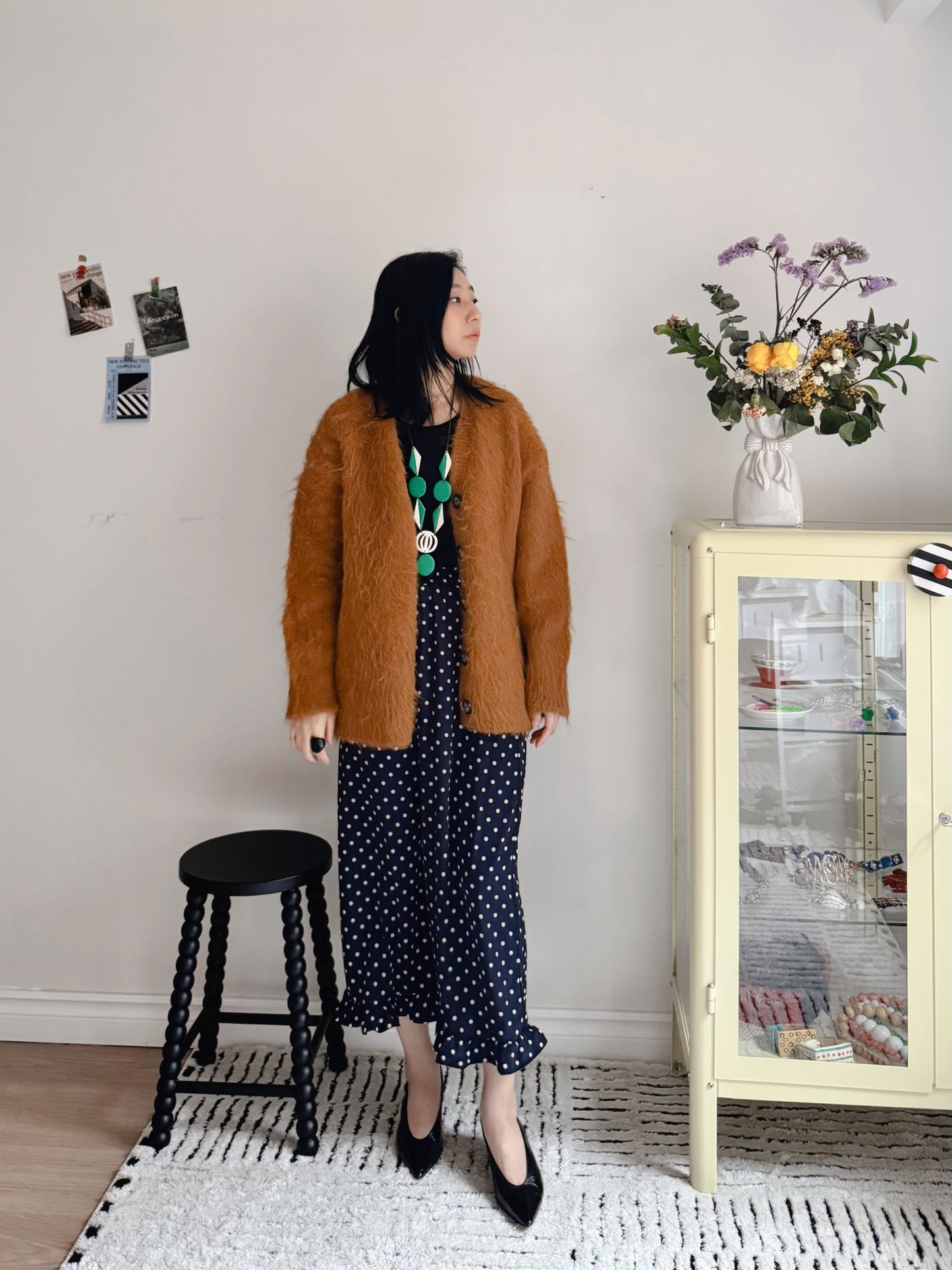 Hairy Knit Cardigan (mustard, brown)