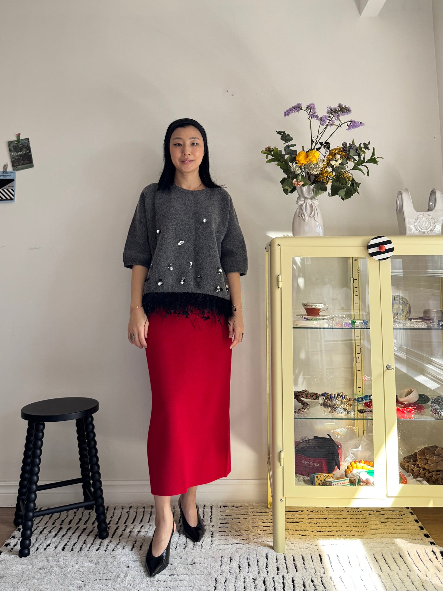 Wool Pencil Skirt (red, black)
