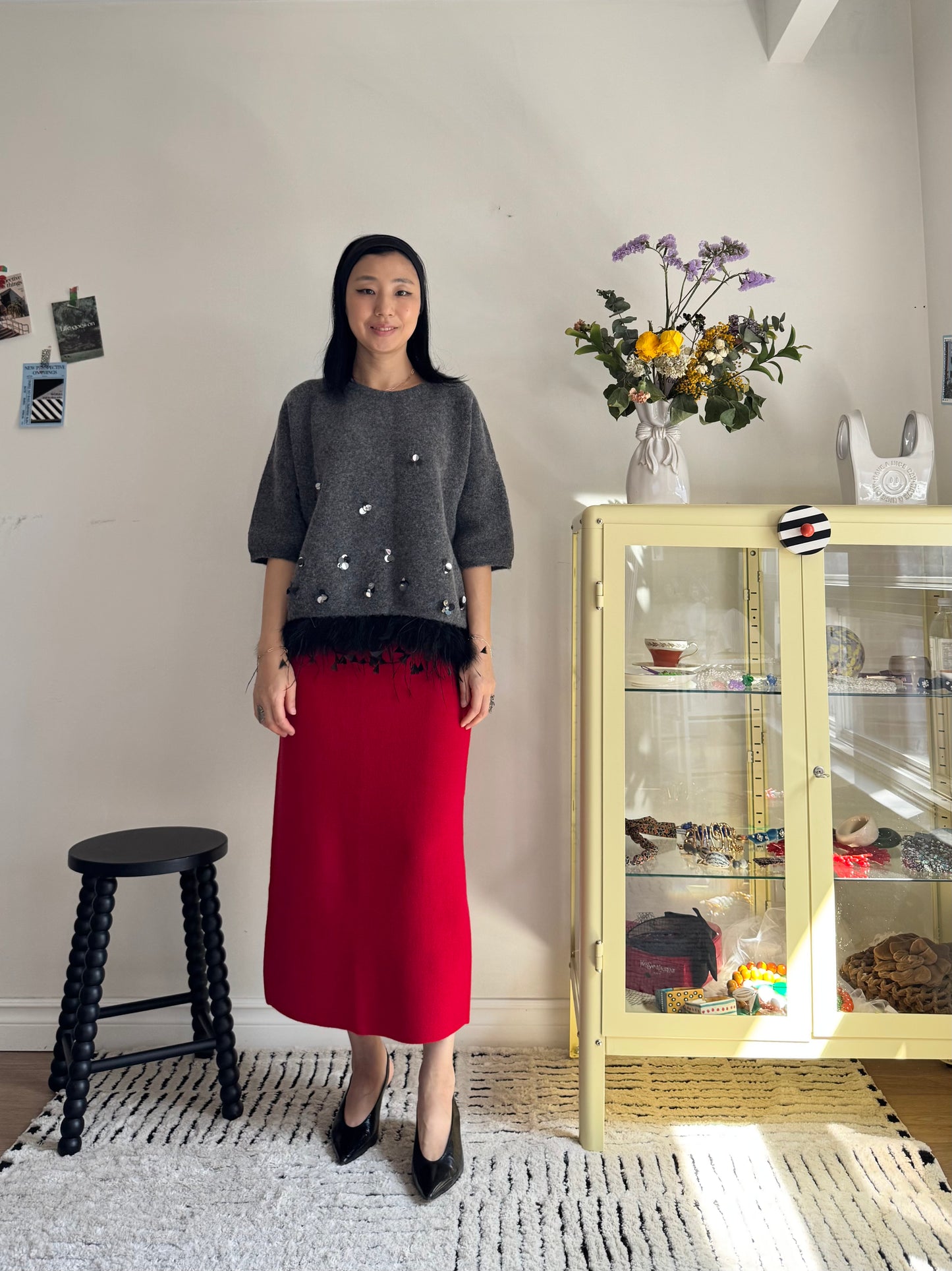 Wool Pencil Skirt (red, black)