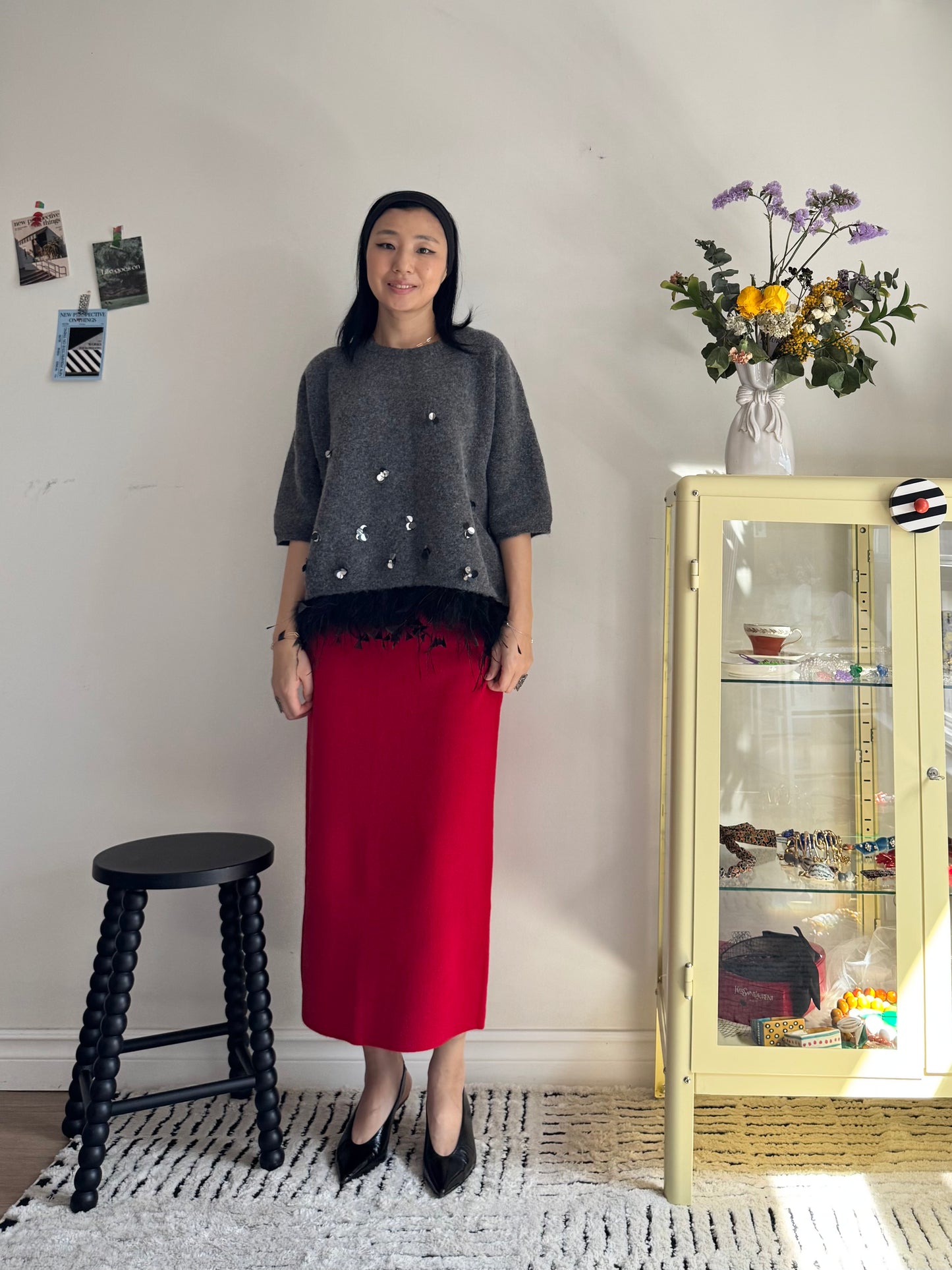 Wool Pencil Skirt (red, black)
