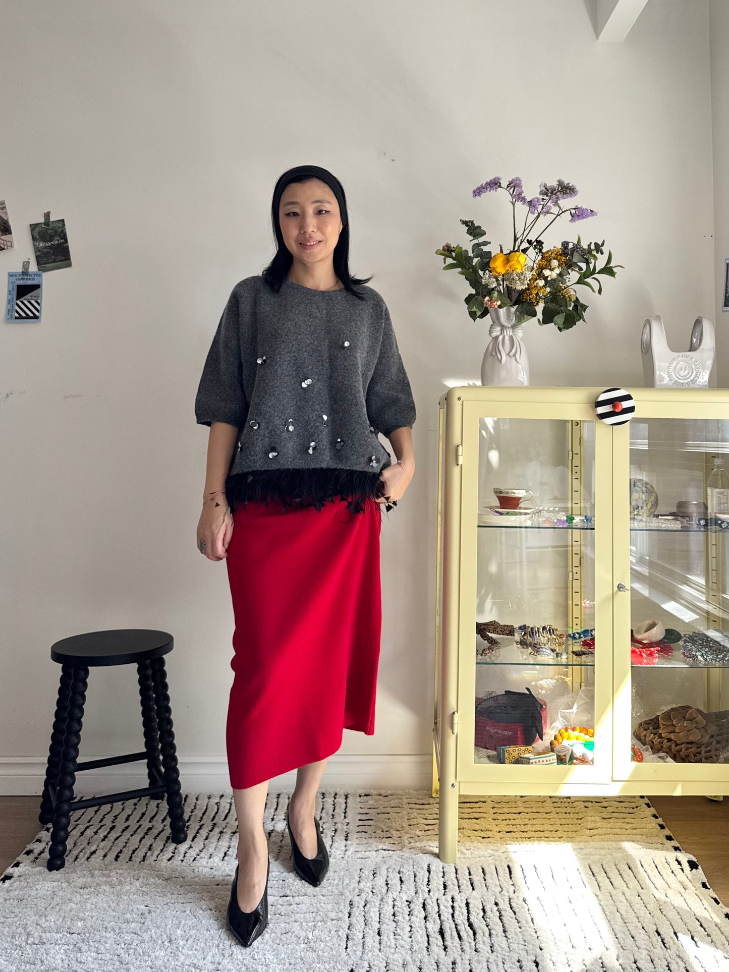 Wool Pencil Skirt (red, black)
