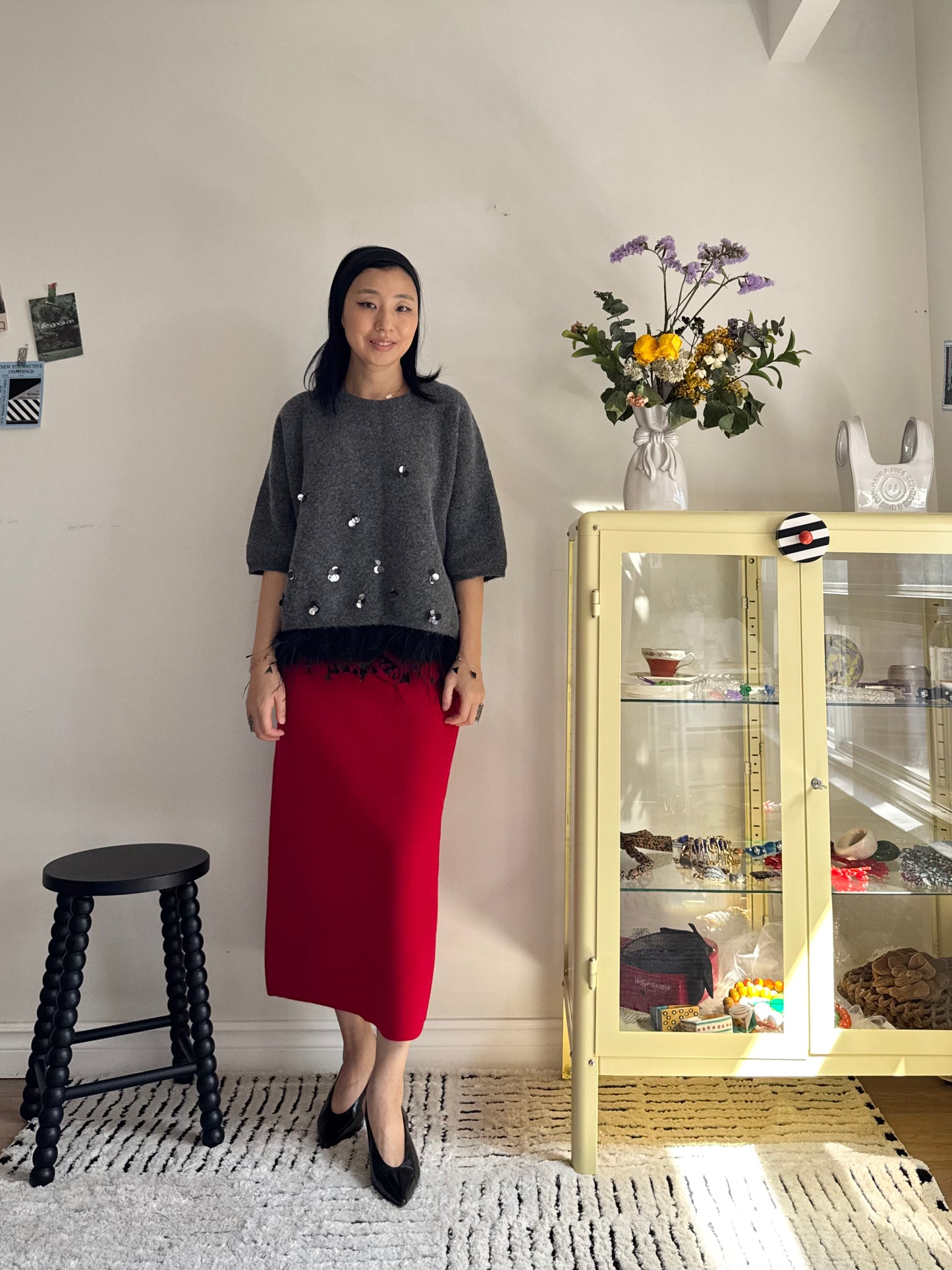 Wool Pencil Skirt (red, black)