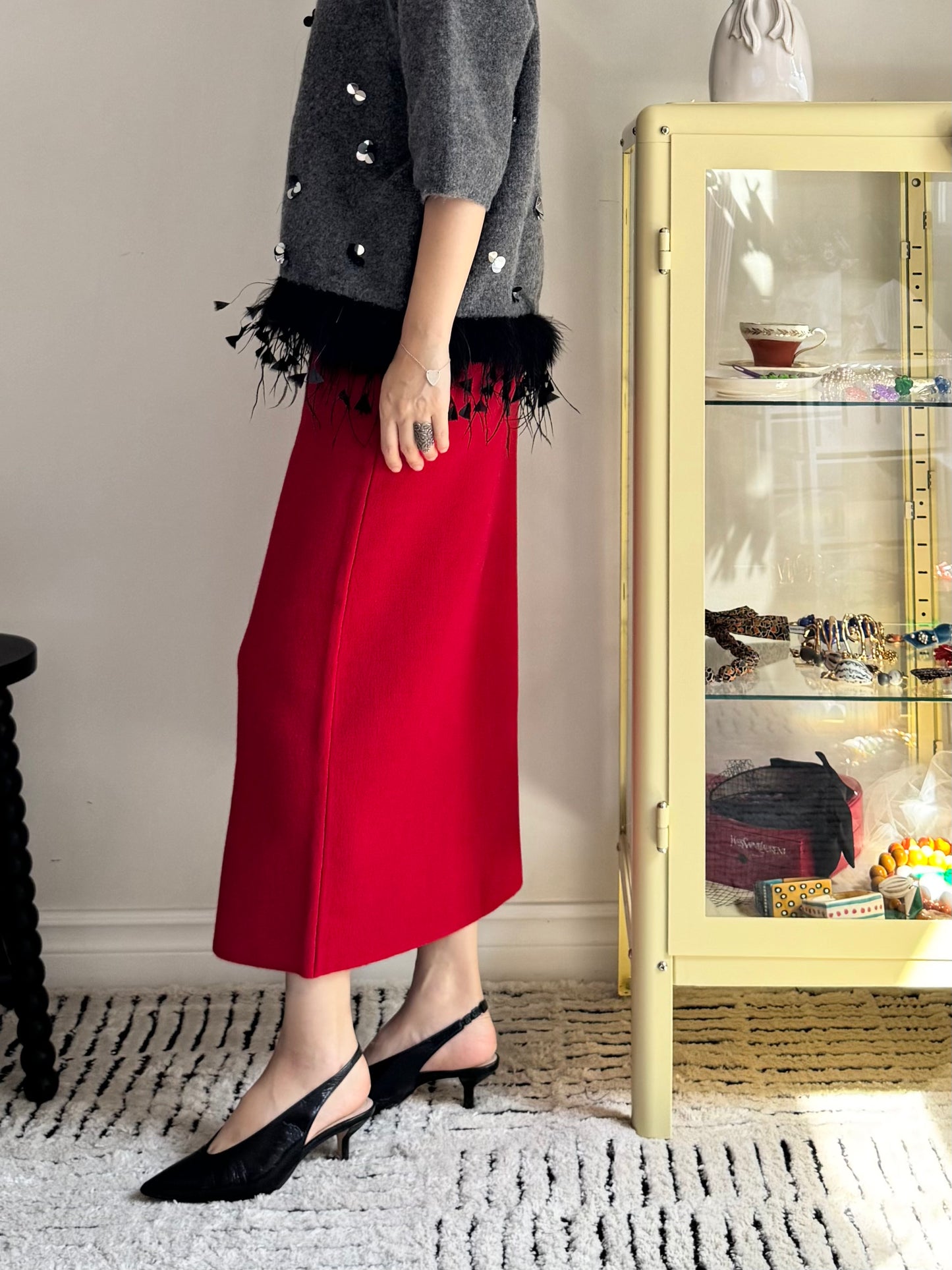 Wool Pencil Skirt (red, black)
