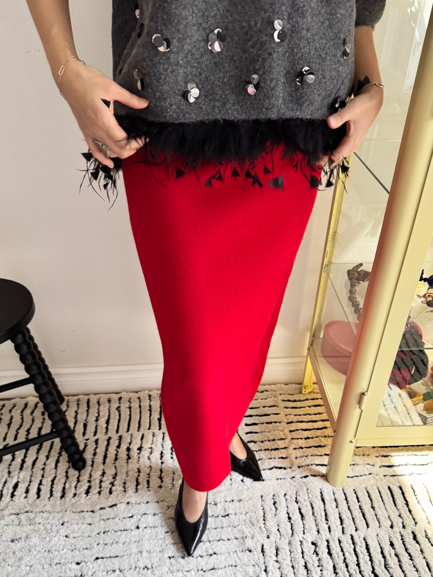 Wool Pencil Skirt (red, black)