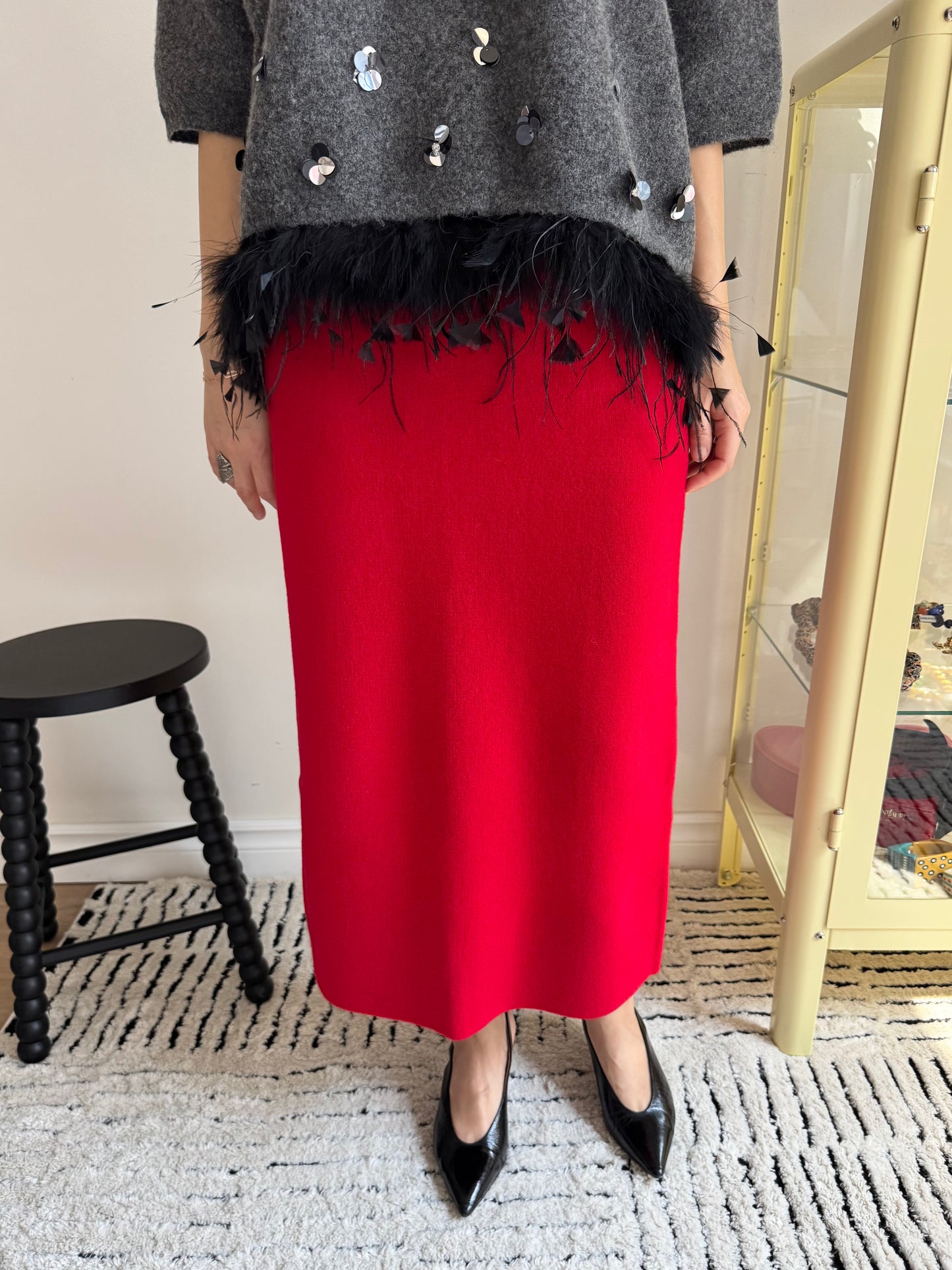 Wool Pencil Skirt (red, black)