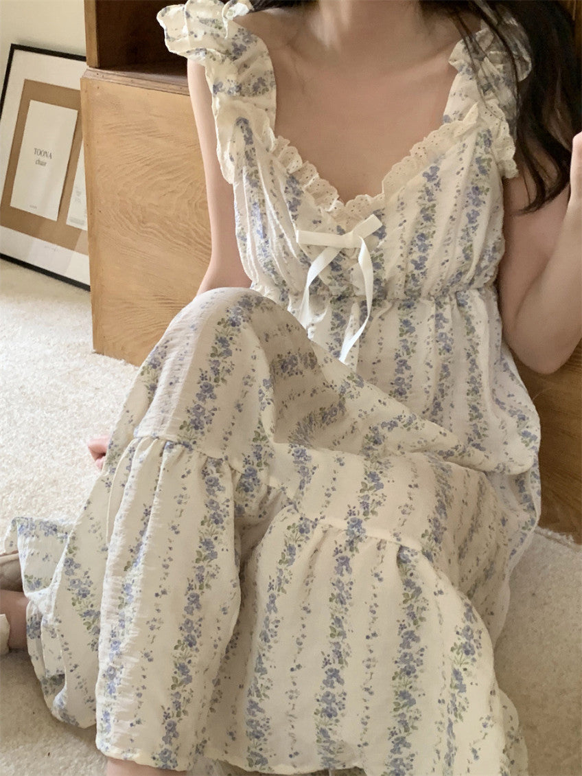 Floral Ruffle Pajama Dress (pink, blue)