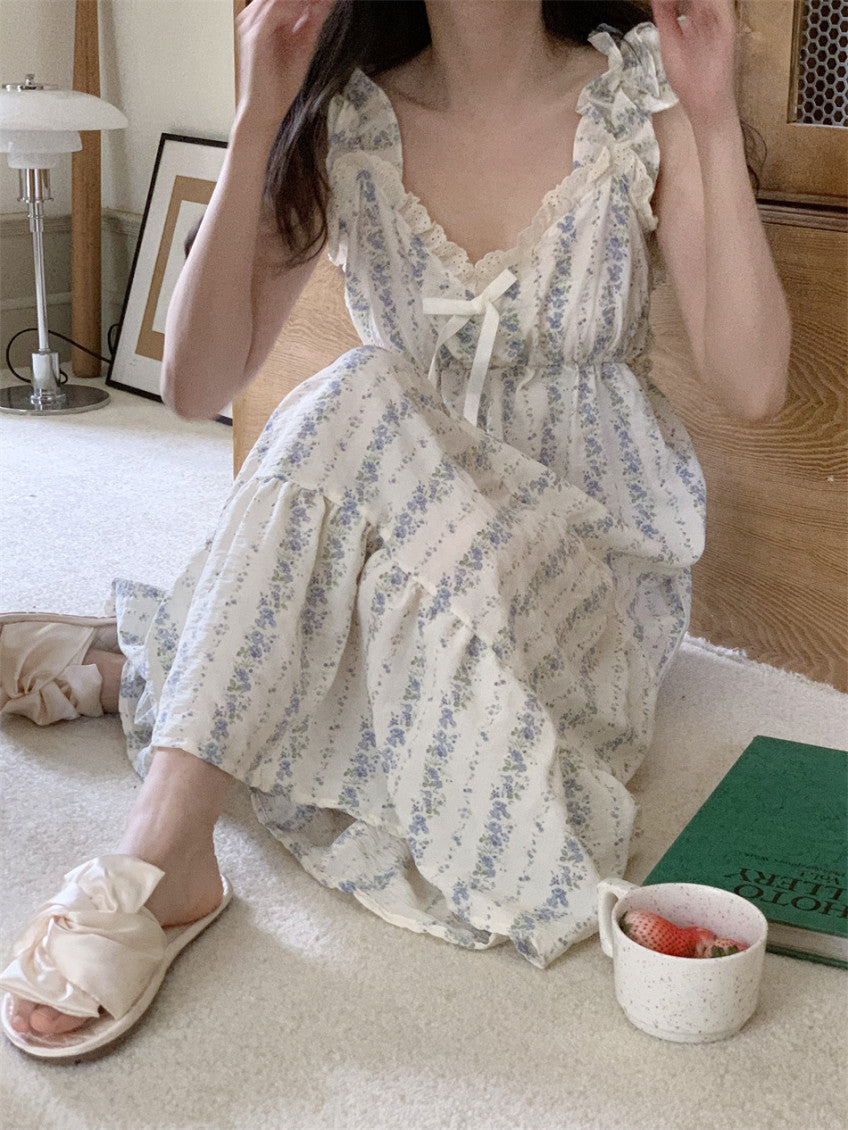 Floral Ruffle Pajama Dress (pink, blue)