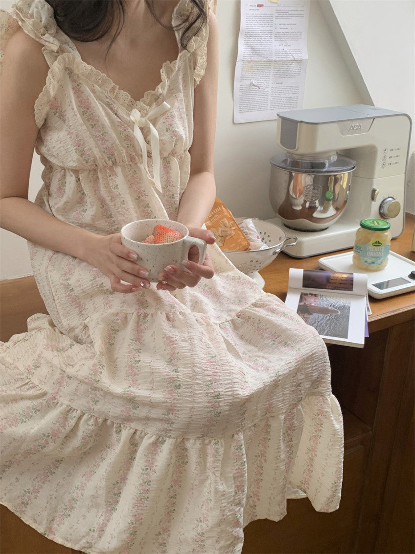 Floral Ruffle Pajama Dress (pink, blue)