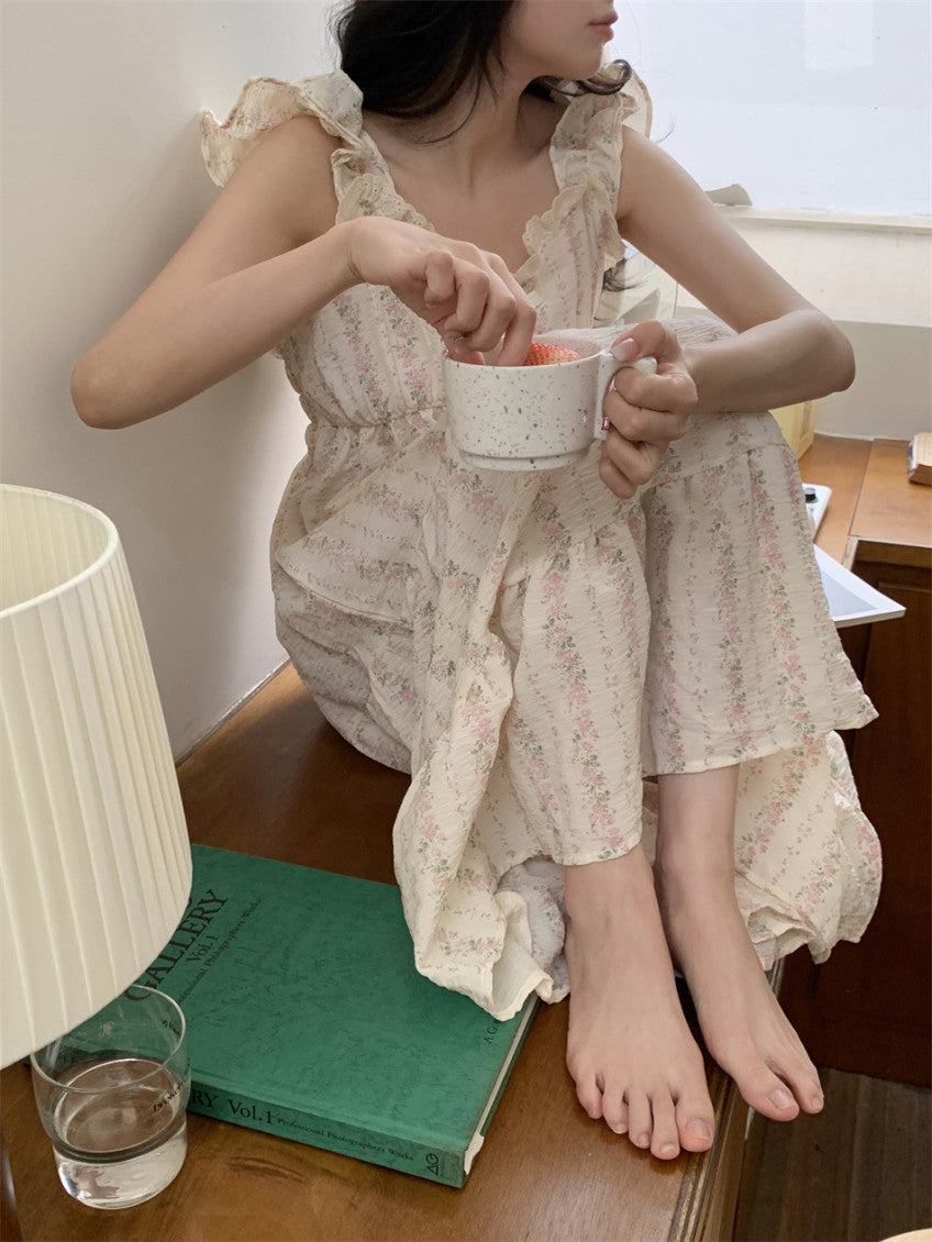 Floral Ruffle Pajama Dress (pink, blue)