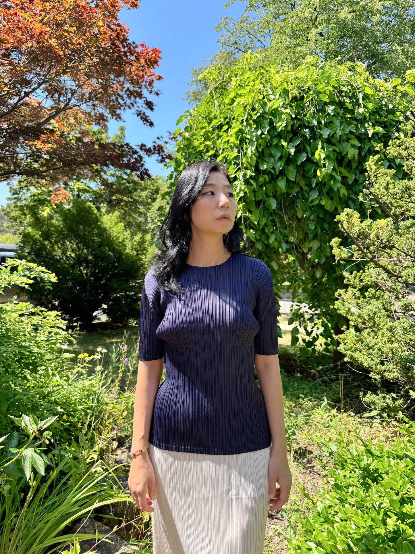 Pleats basic top (siver, navy, pink, gray khaki, ruby, white, black)