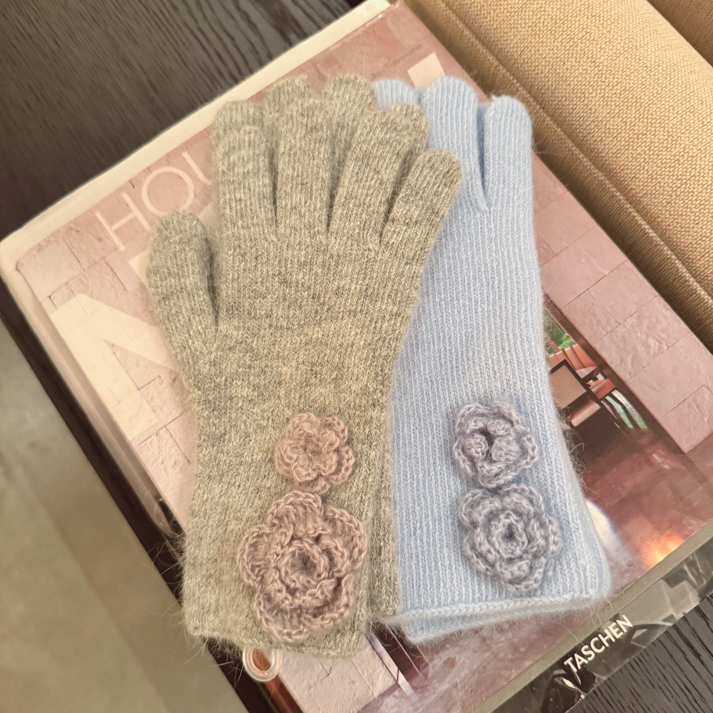 Flower Angora Gloves  (white, gray, blue, beige, black)