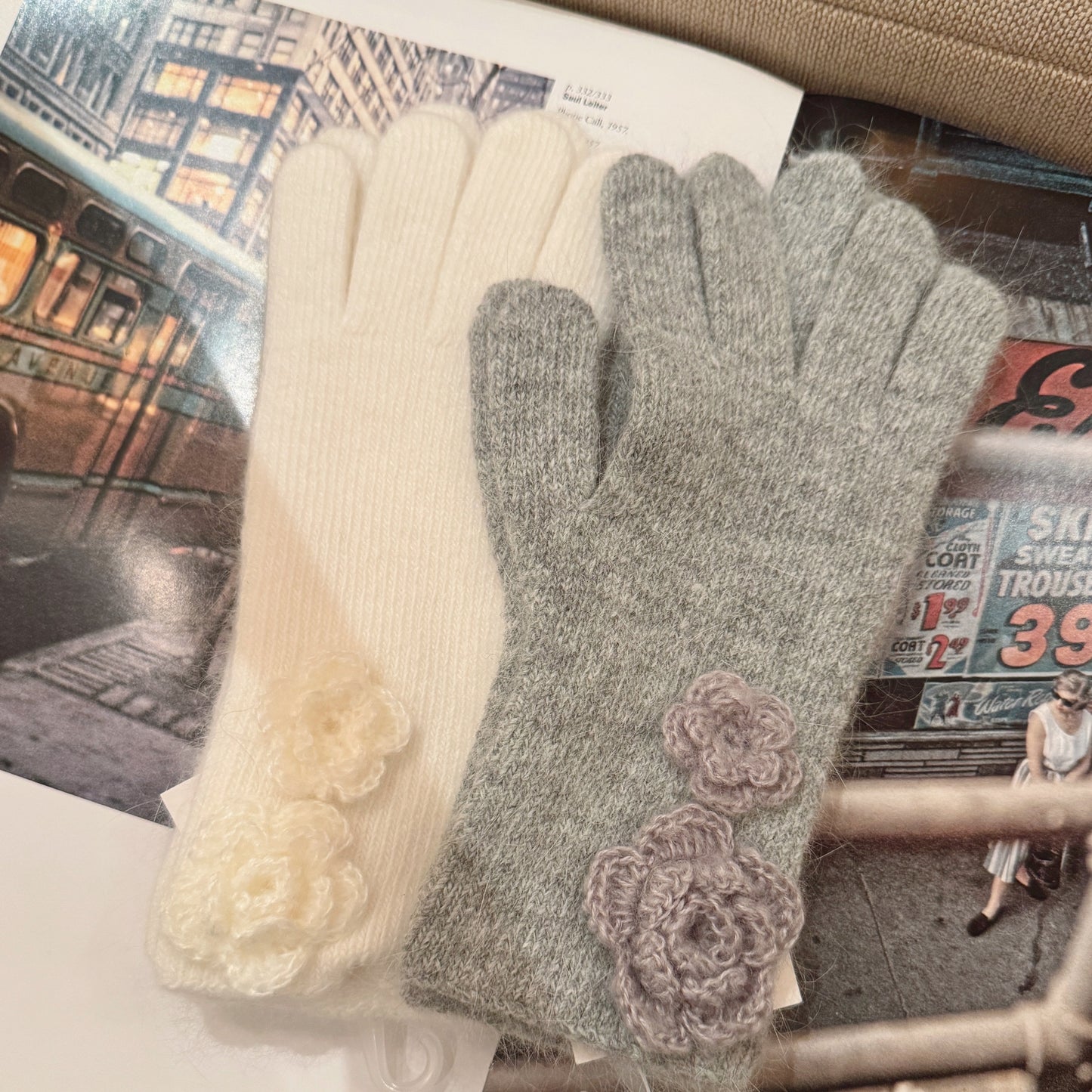 Flower Angora Gloves  (white, gray, blue, beige, black)
