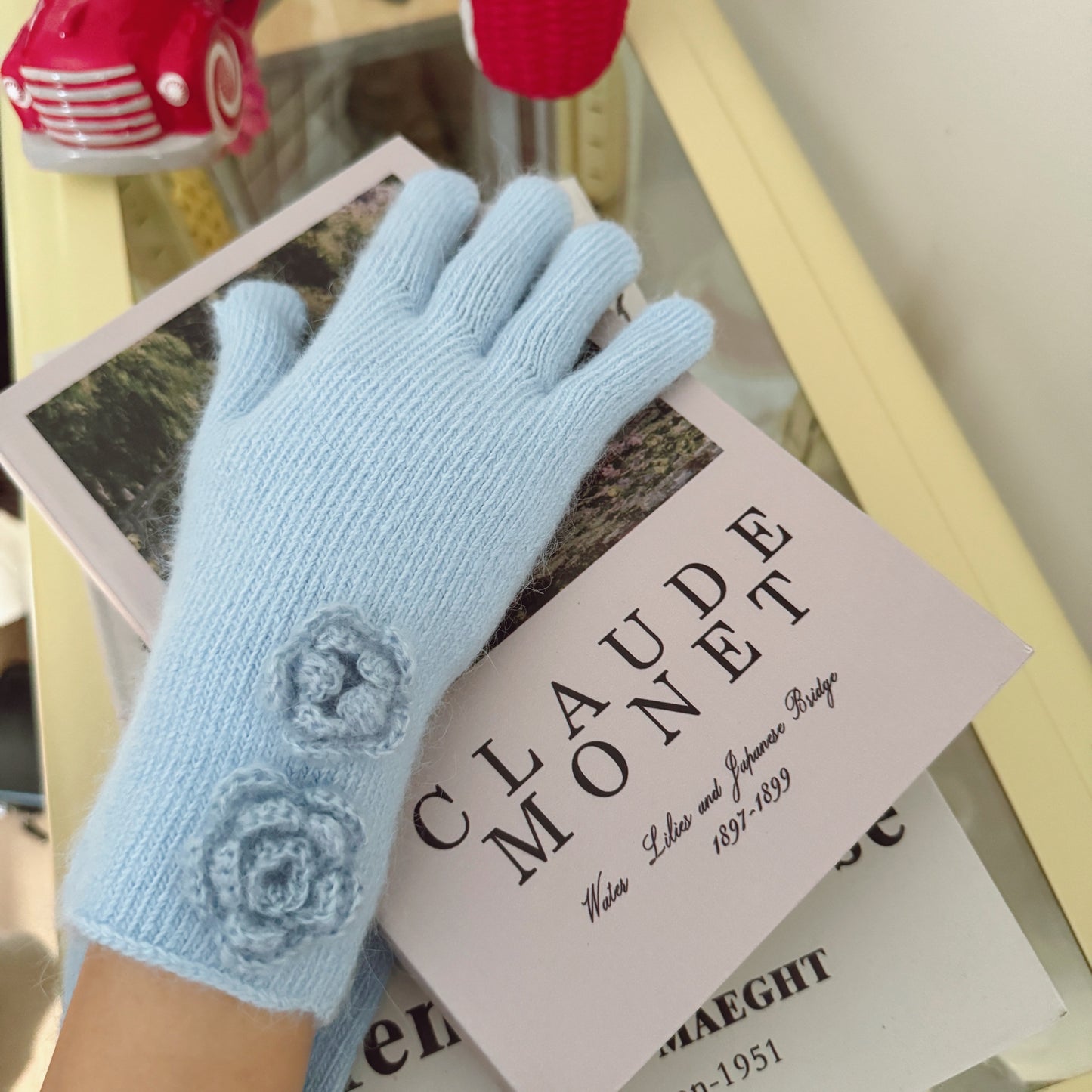 Flower Angora Gloves  (white, gray, blue, beige, black)