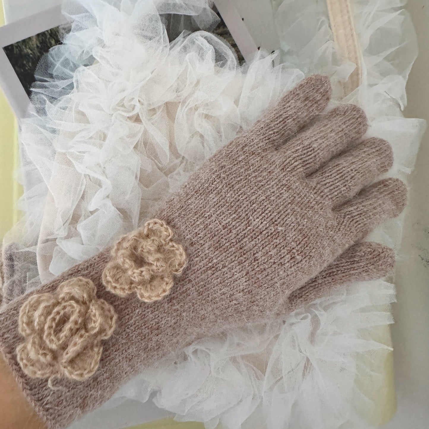 Flower Angora Gloves  (white, gray, blue, beige, black)