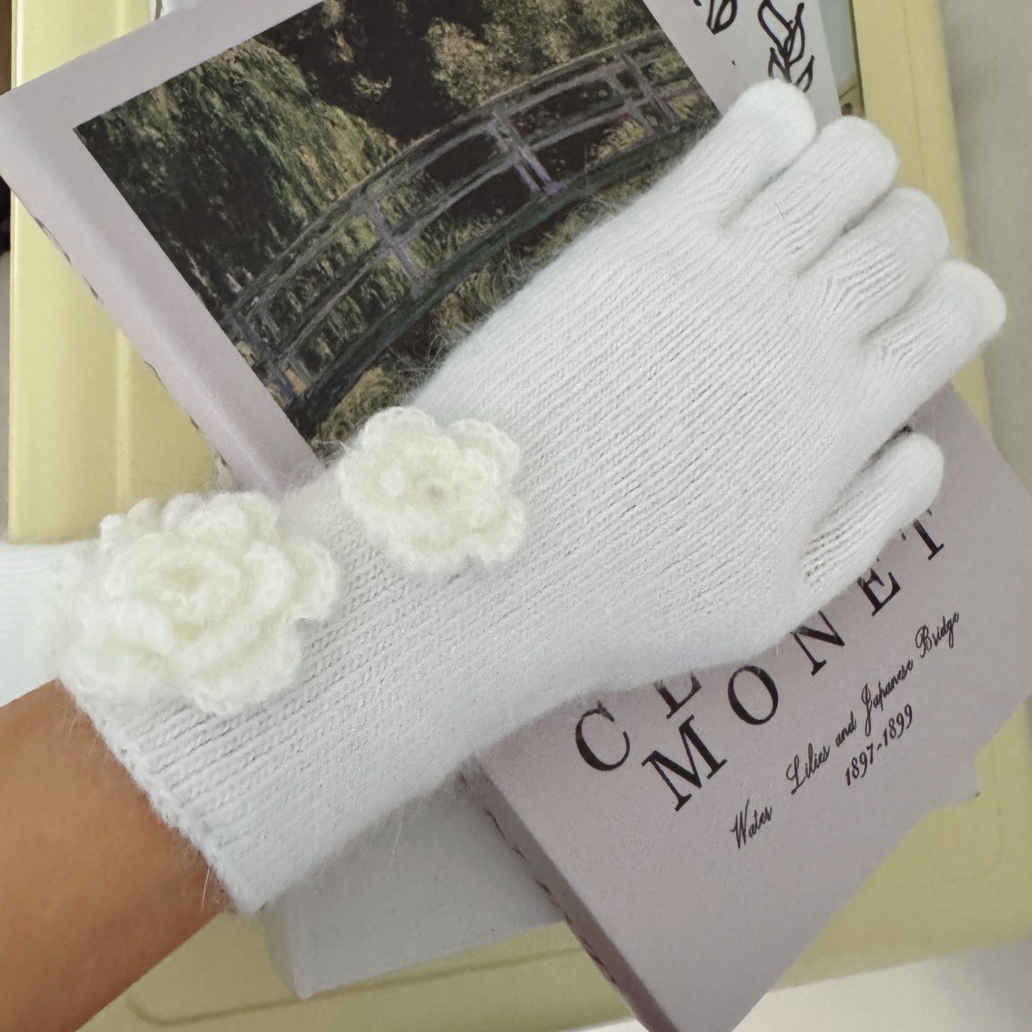 Flower Angora Gloves  (white, gray, blue, beige, black)