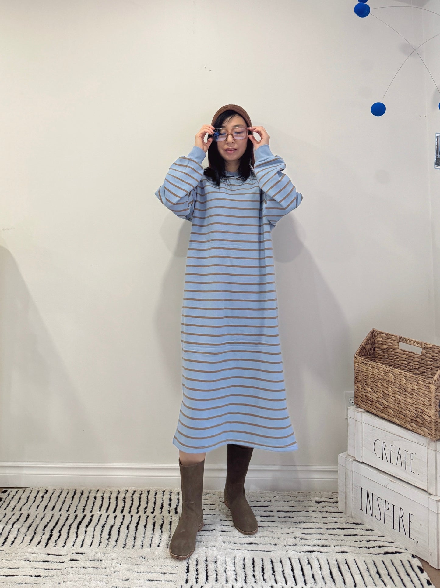 Striped long dress (ivory, blue)