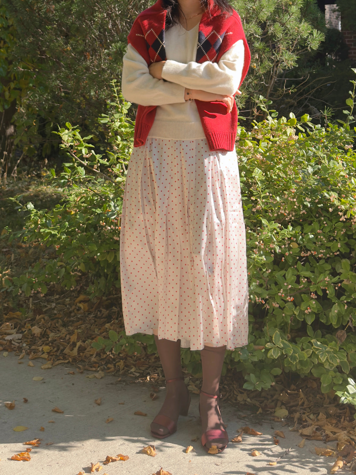 POLKA DOT PLEATS SKIRT(black, brown,red)