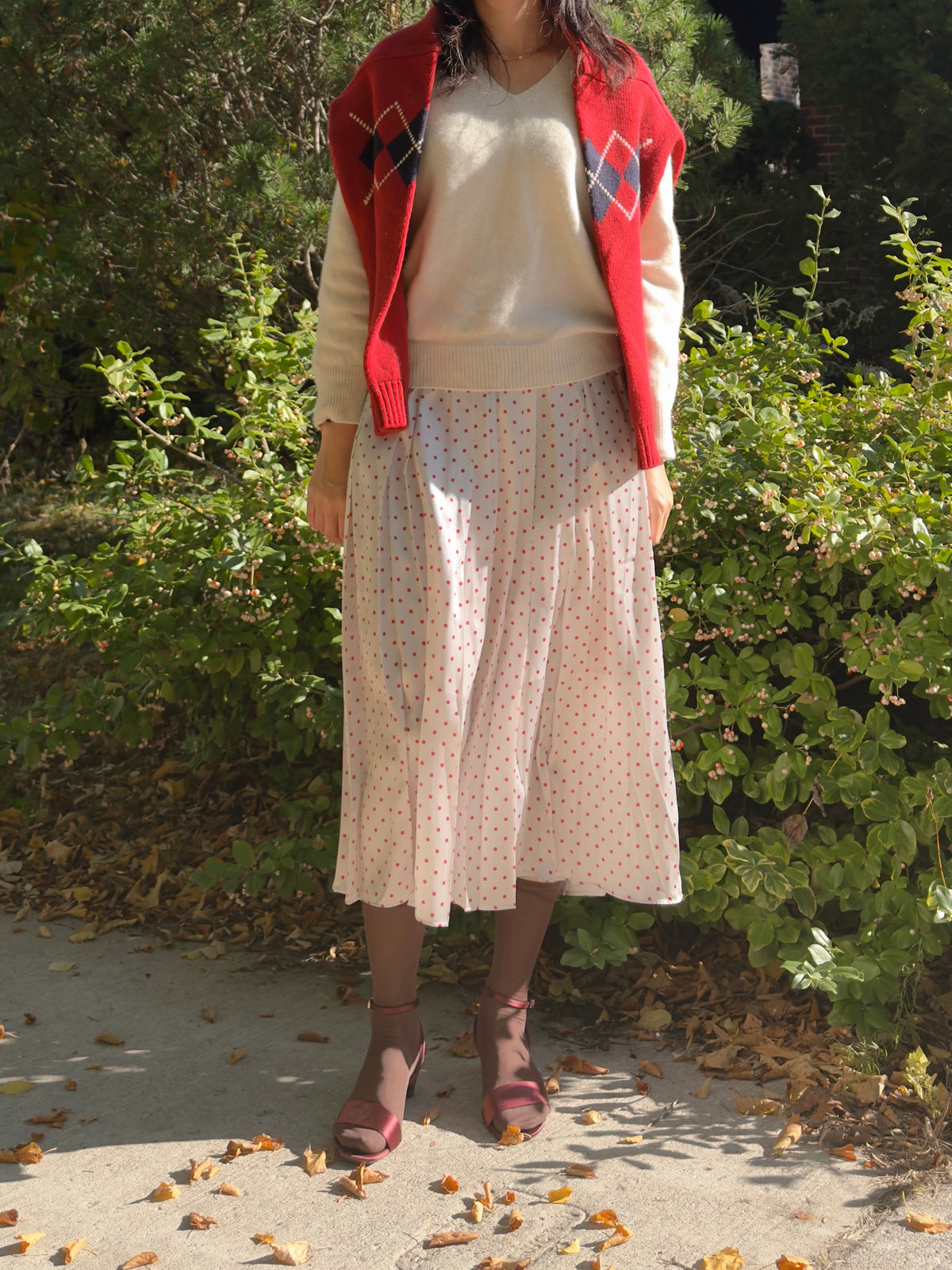 POLKA DOT PLEATS SKIRT(black, brown,red)
