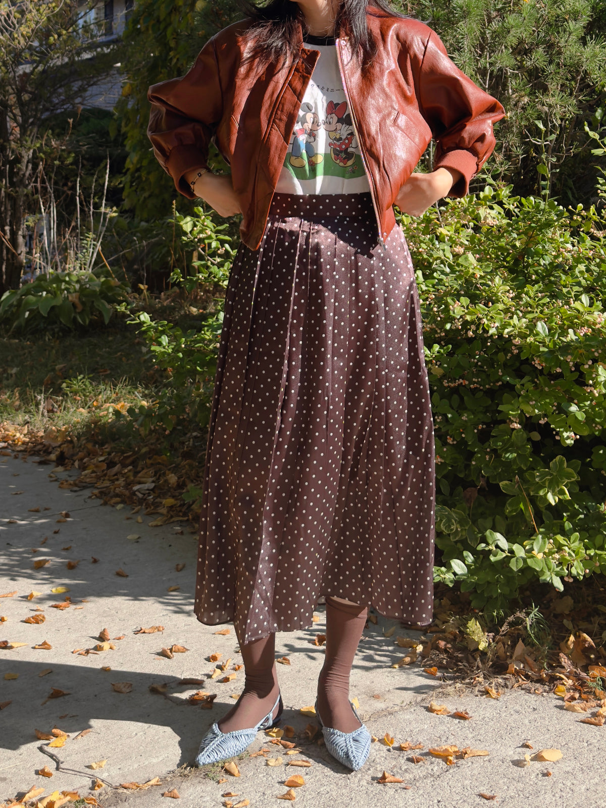 POLKA DOT PLEATS SKIRT(black, brown,red)