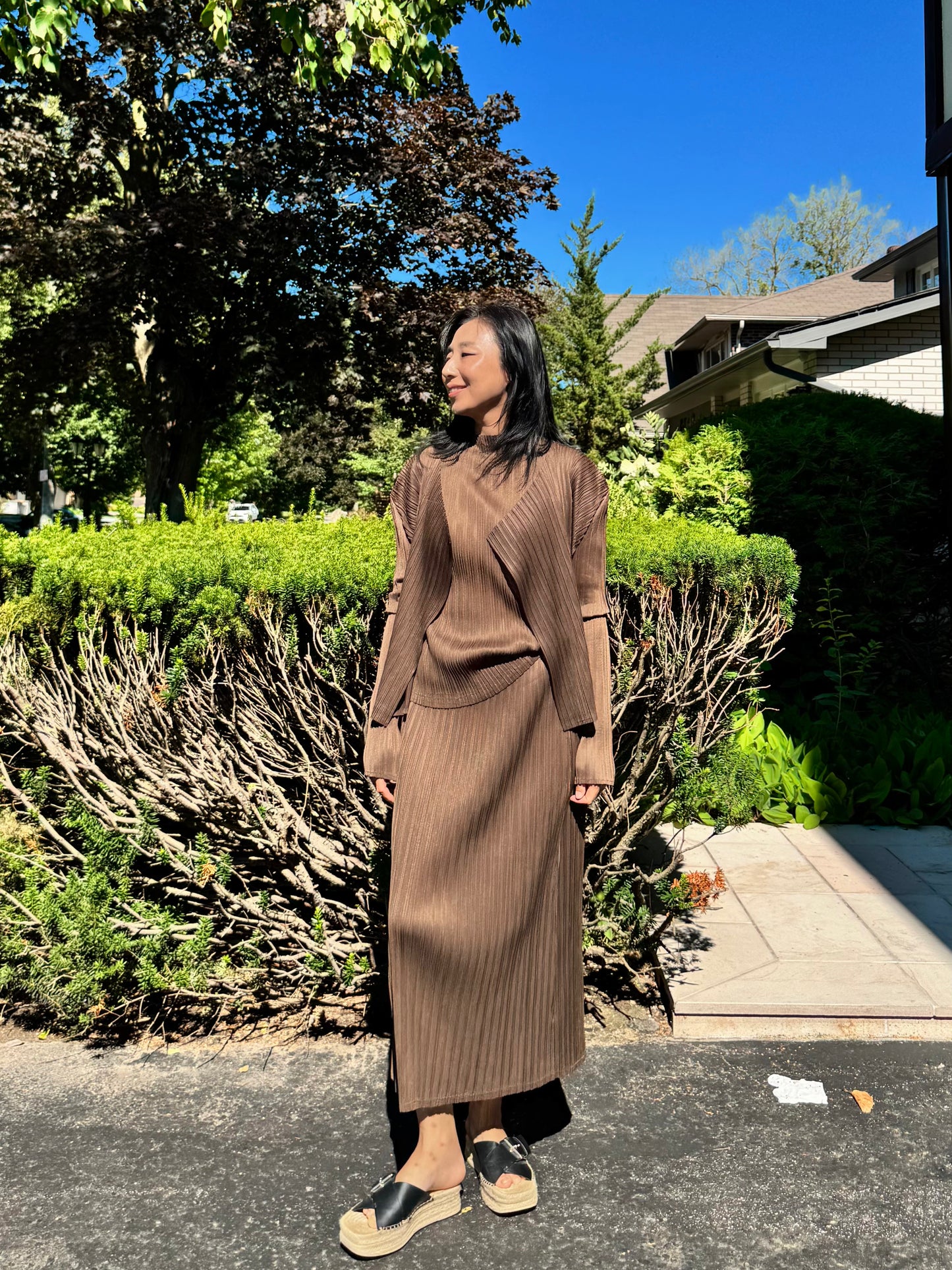 Pleated 3-Piece Set(brown,beige, ivory )