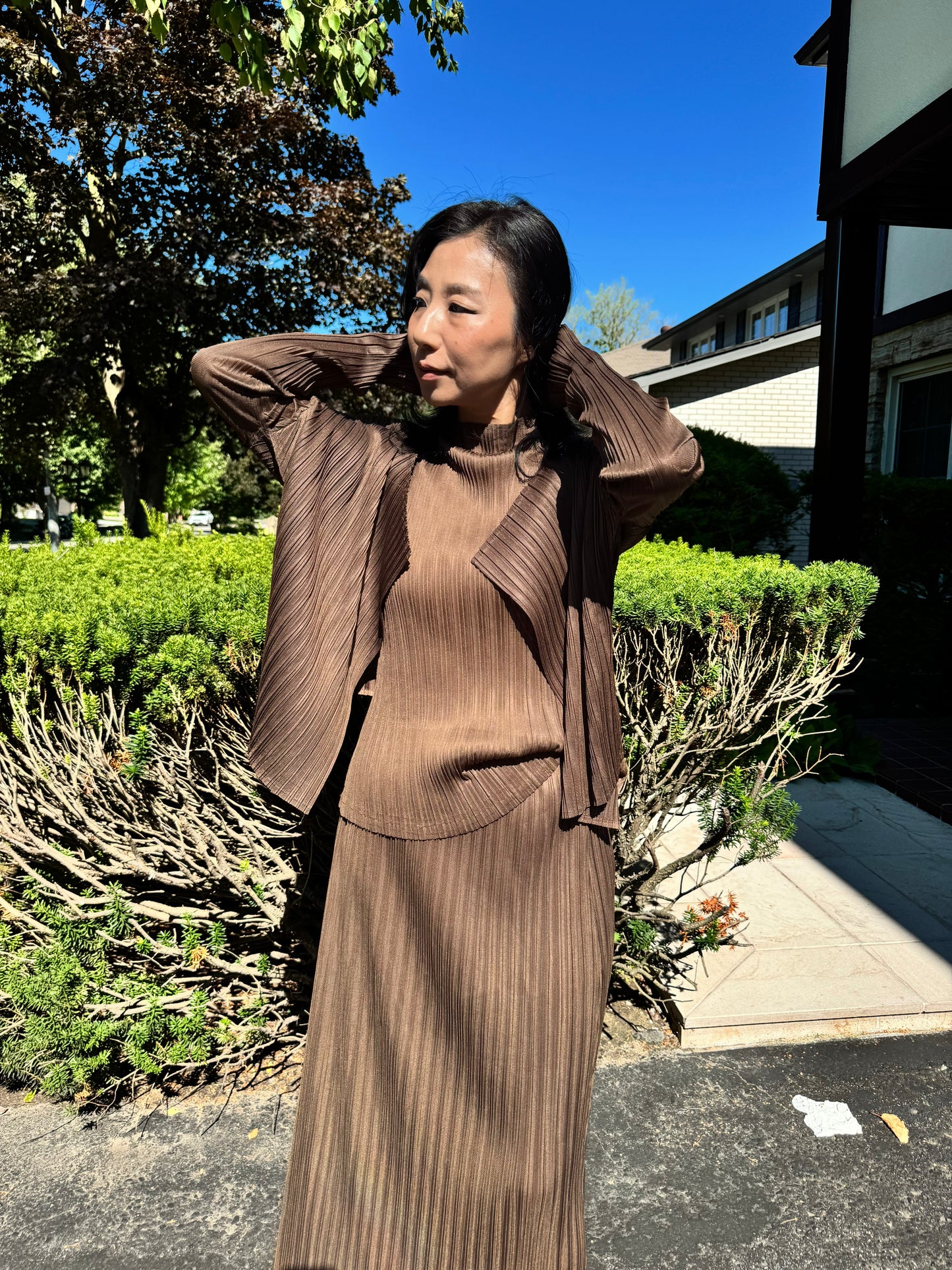 Pleated 3-Piece Set(brown,beige, ivory )