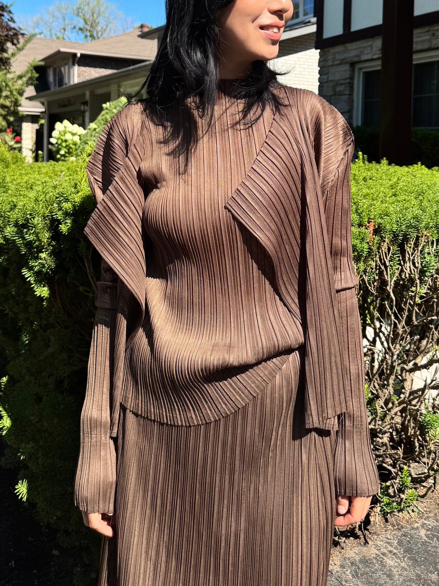Pleated 3-Piece Set(brown,beige, ivory )