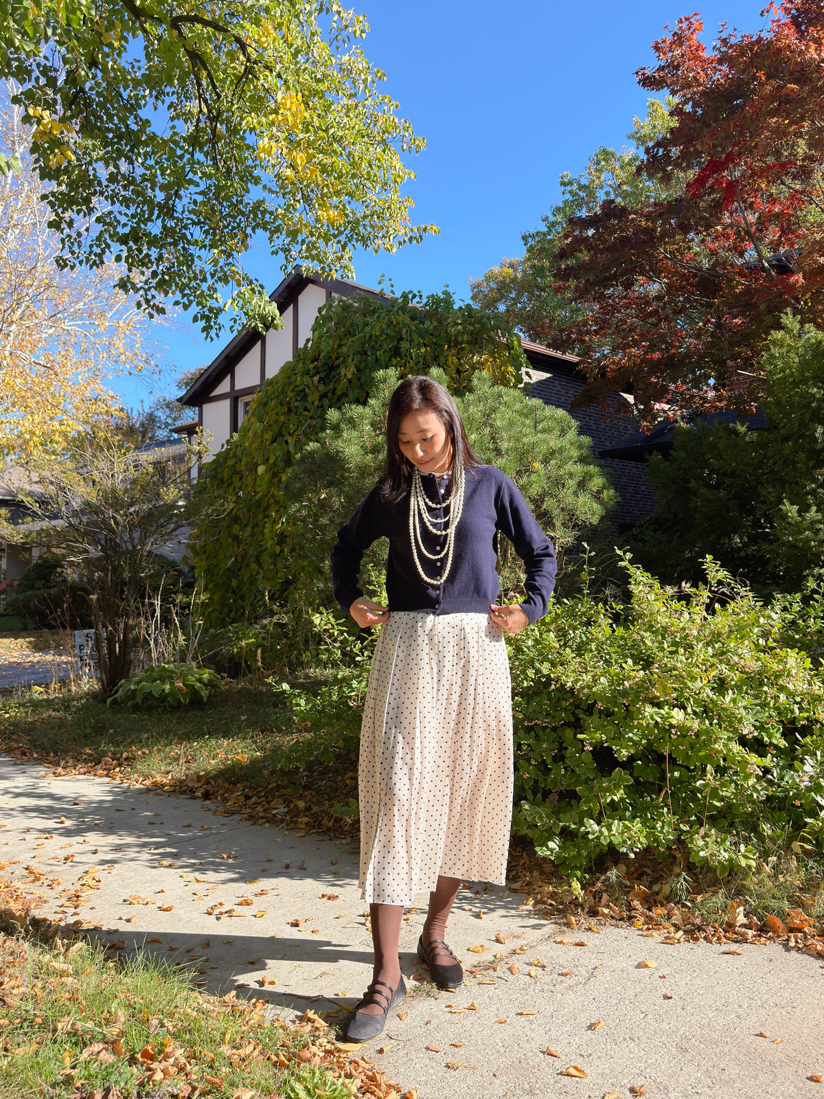 POLKA DOT PLEATS SKIRT(black, brown,red)
