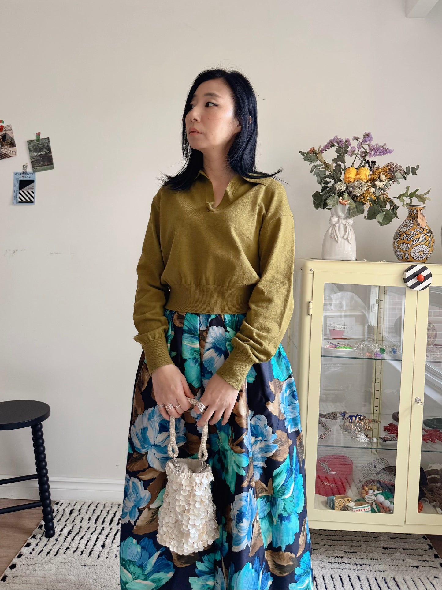 Olive Collar V-Slit Crop Knit