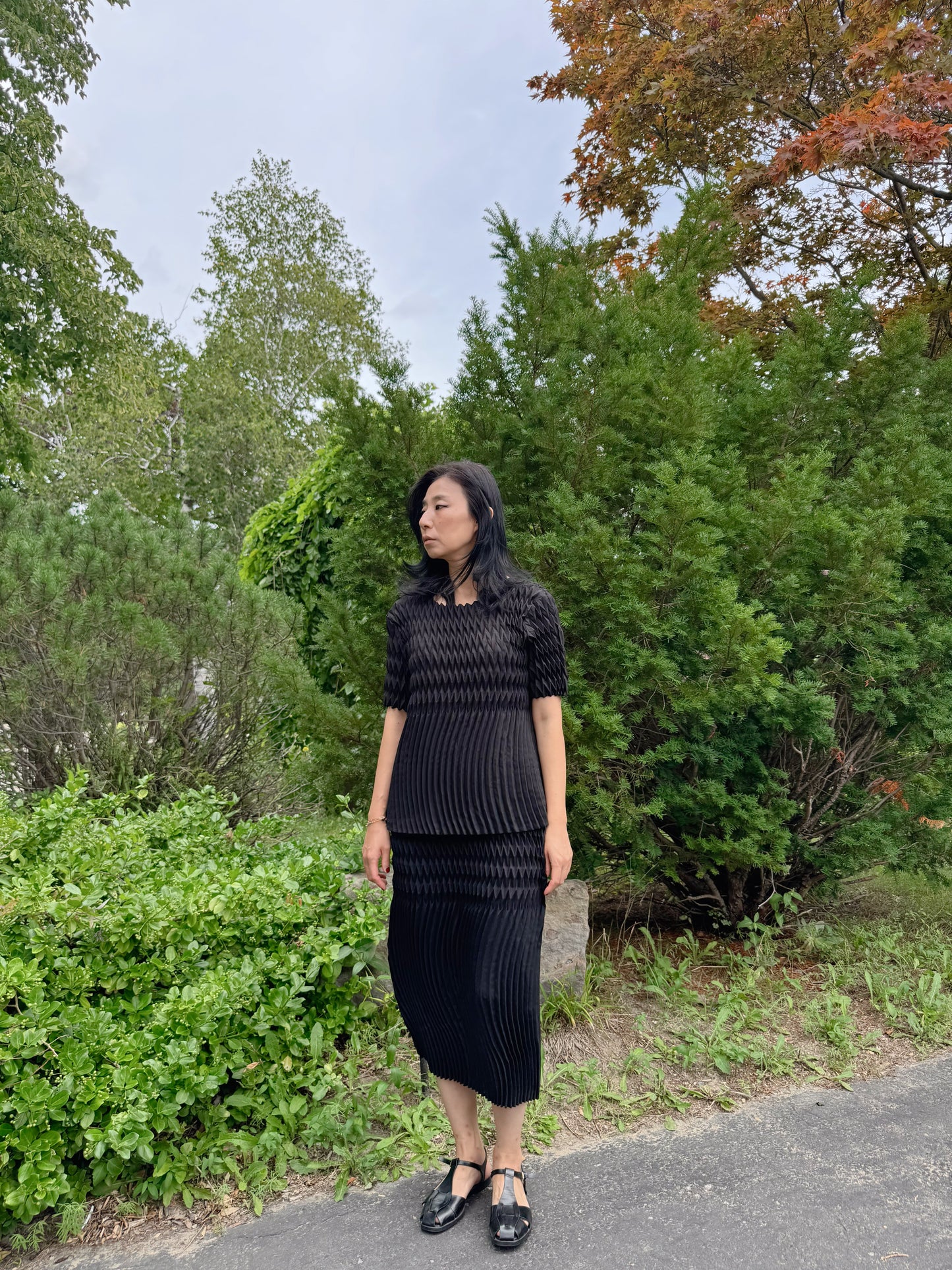 Pleated Texture Two-Piece Set(black,ivory)