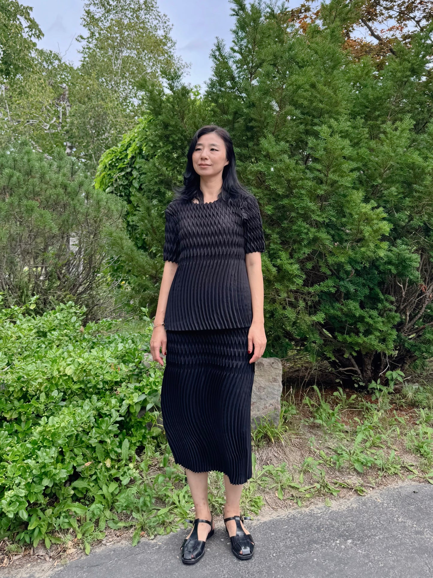 Pleated Texture Two-Piece Set(black,ivory)